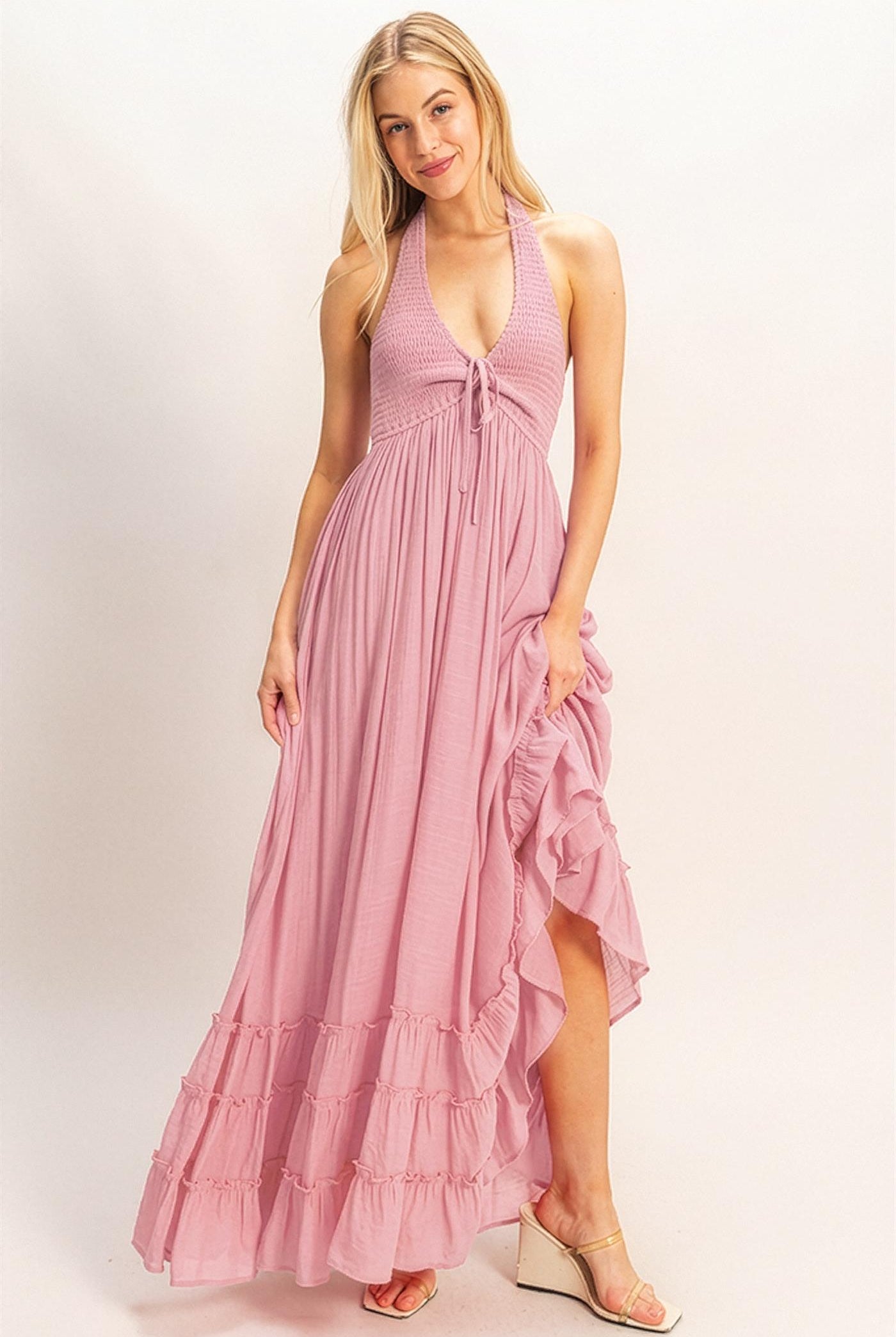 Wholesale Halter Neck Smocked Maxi Dress Dresses HF26C287-D PINK HYFVE