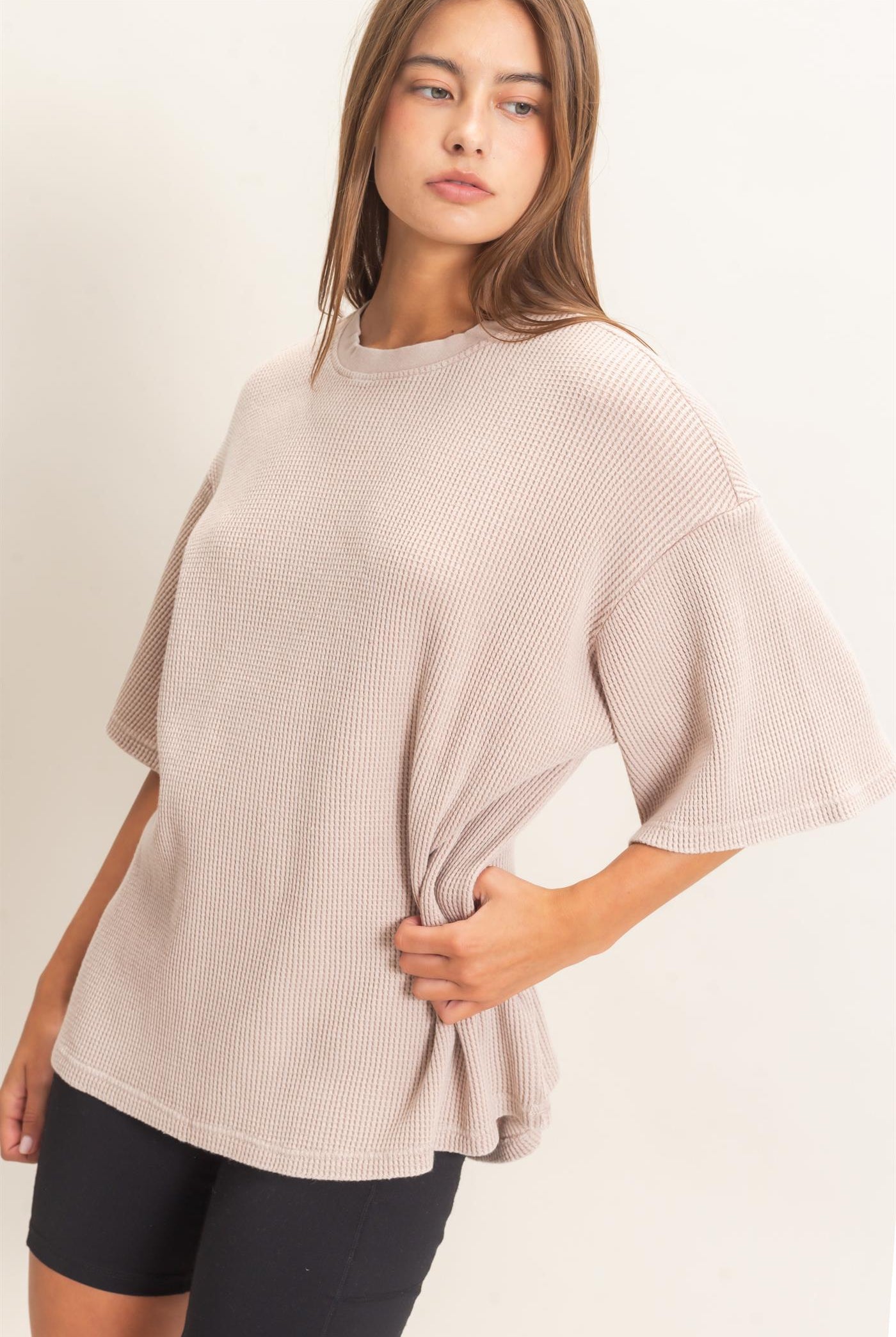 Wholesale Mineral Wash Waffle Crew Neck Short Sleeve Top Clothing Tops DZ26E328 LIGHT TAUPE DOUBLE ZERO