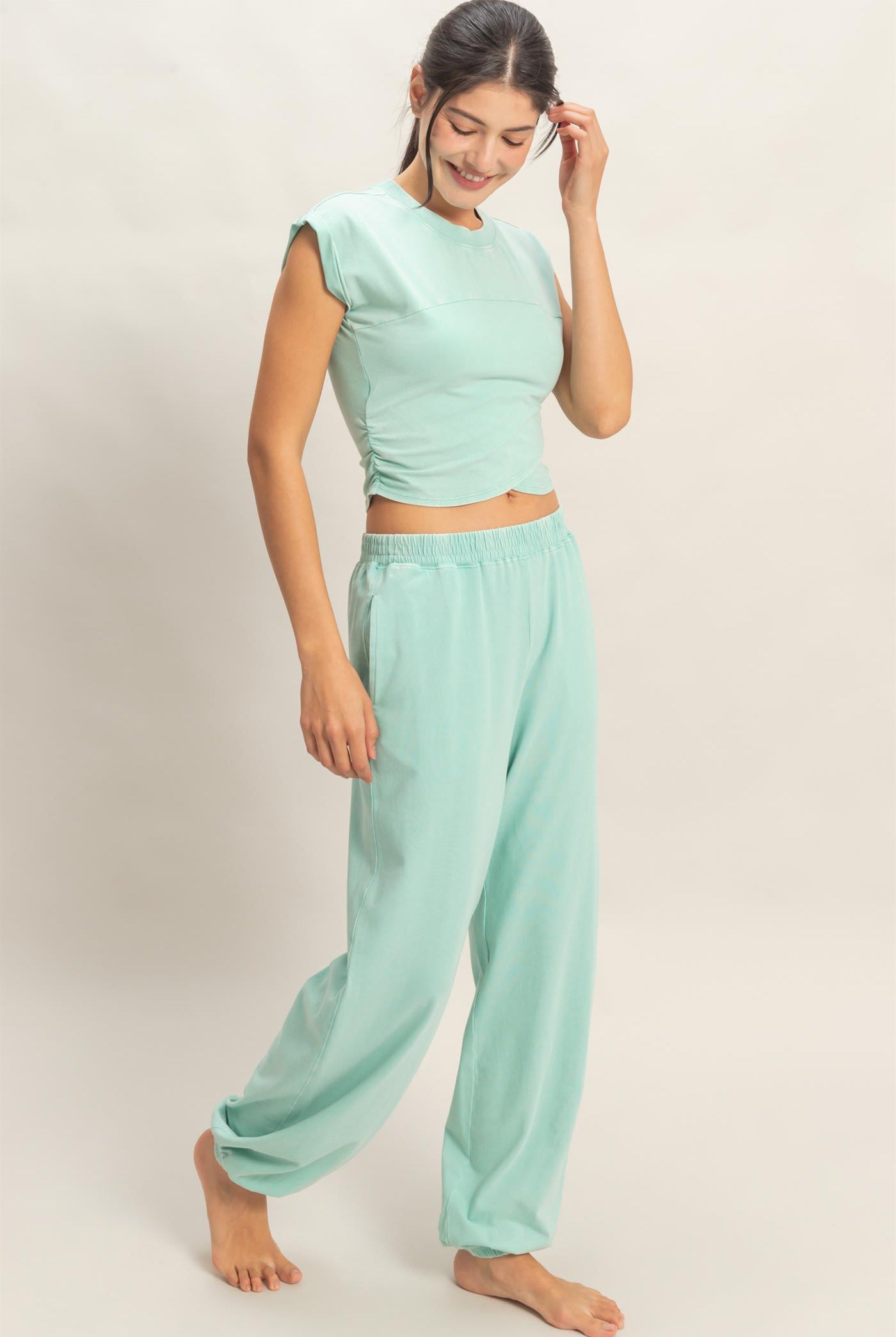Wholesale Rolled Sleeve Wrap-Front Crop Top And Jogger Set Clothing DZ26A172-SET TURQUOISE DOUBLE ZERO