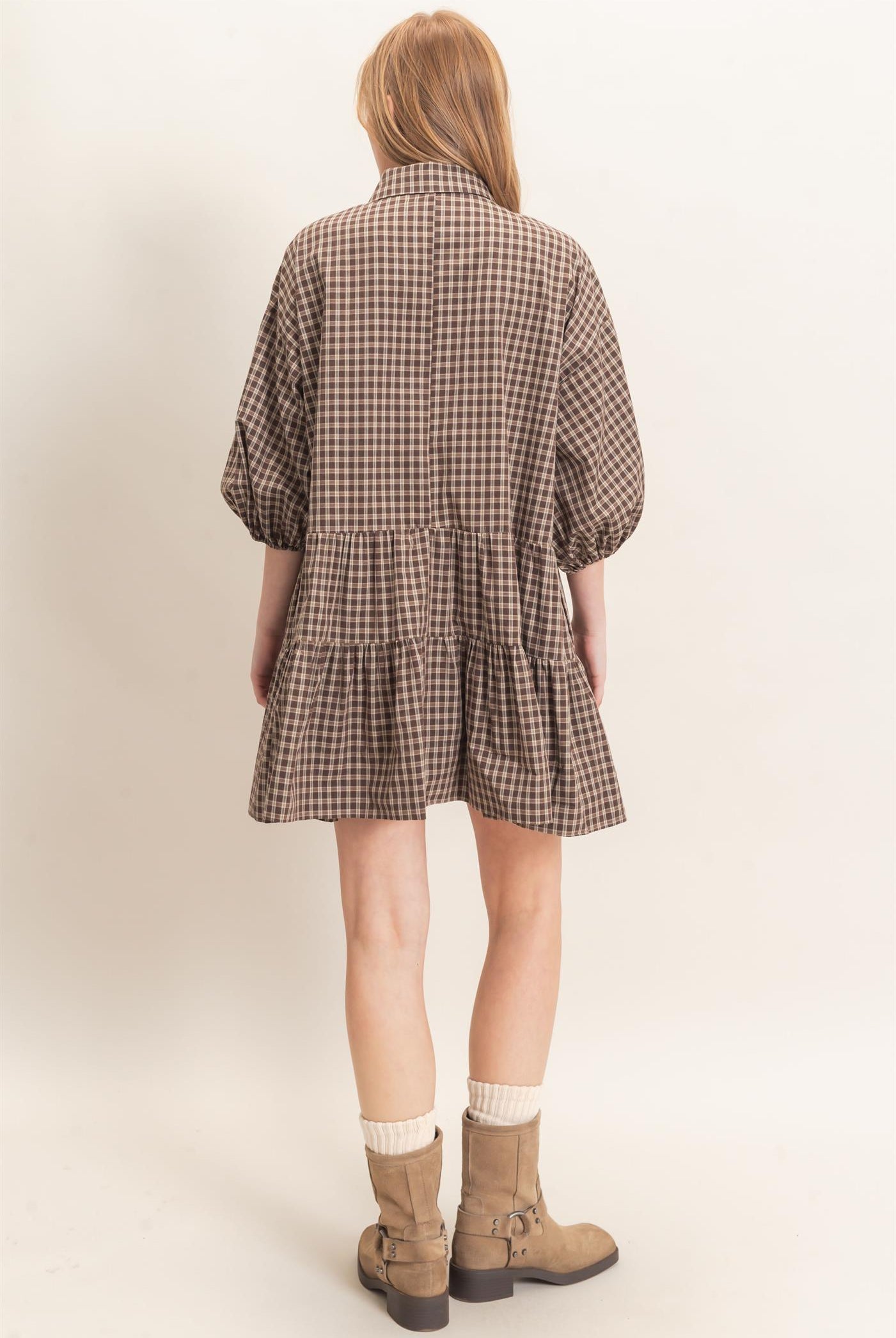 Wholesale Plaid Button-Down Tiered Dress Dresses HF26E795 BROWN HYFVE