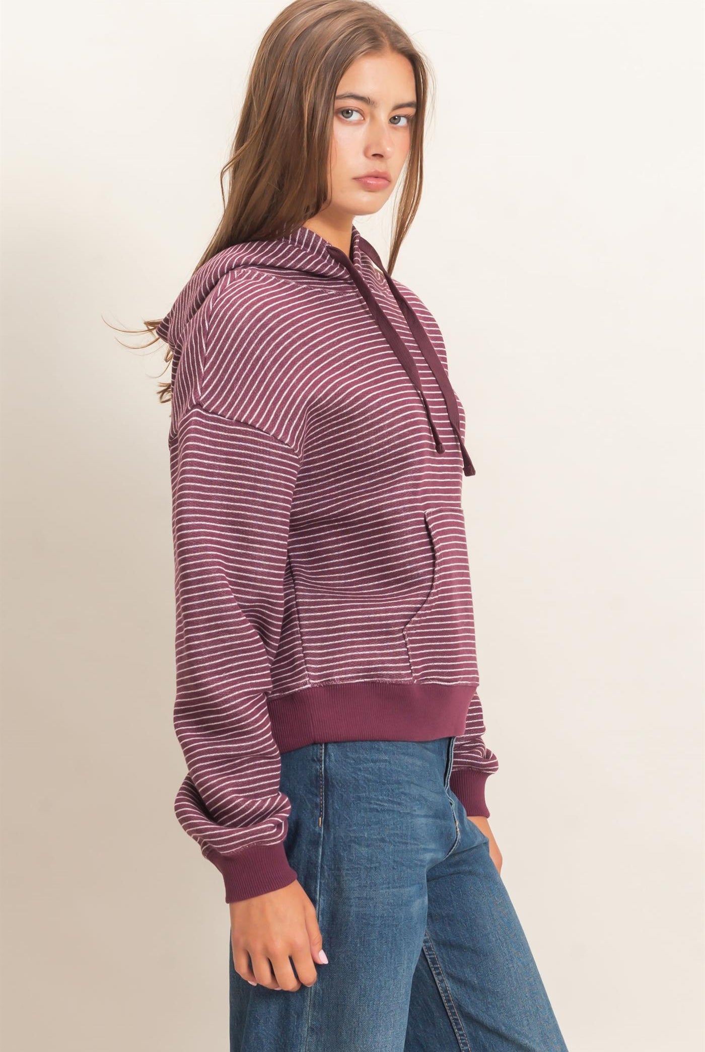 Wholesale Striped French Terry Hoodie Hoodies DZ26C619 DARK CHERRY DOUBLE ZERO
