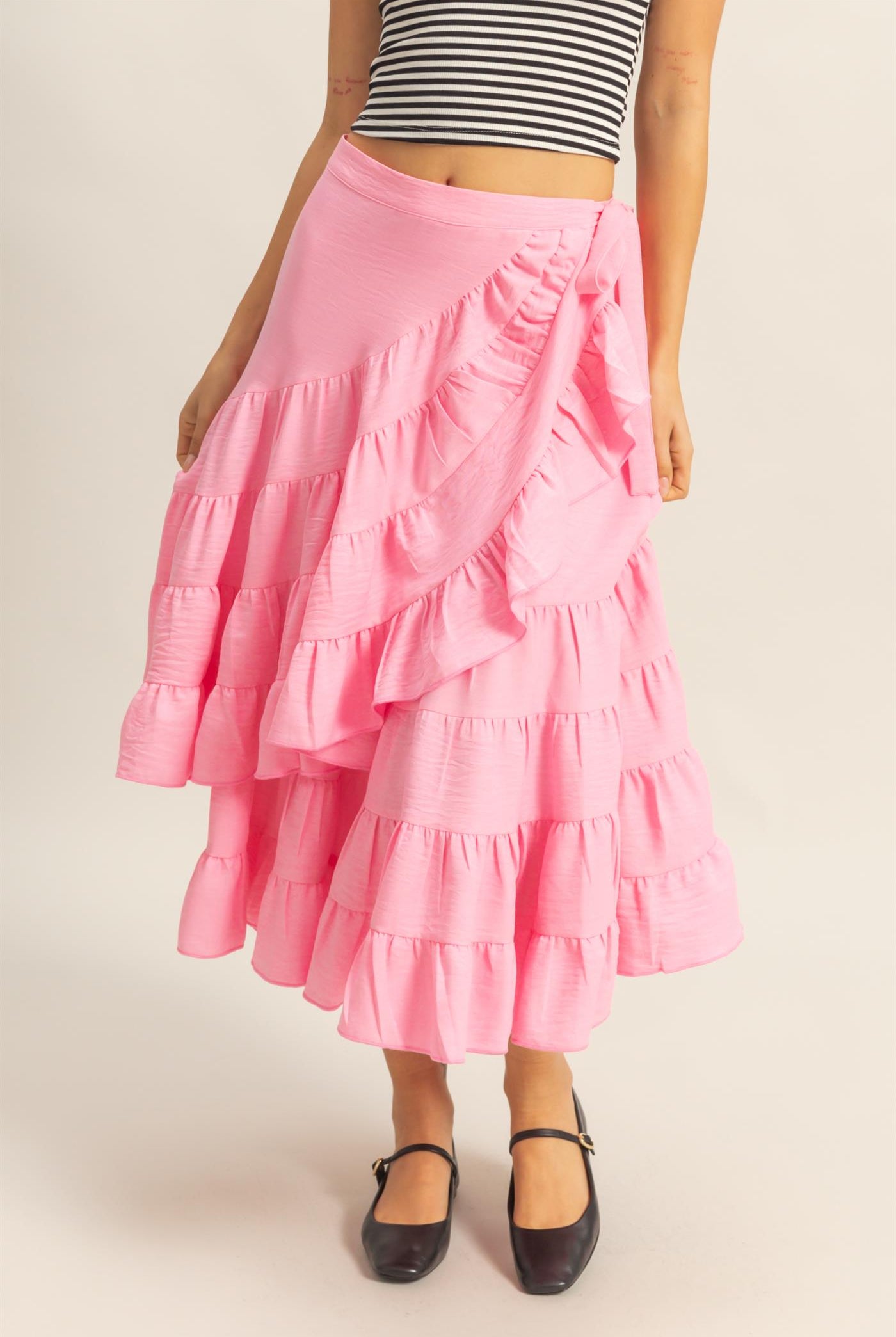 Wholesale High-Waist Tiered Wrap Maxi Skirt Skirts HF24F553 L.PINK HYFVE