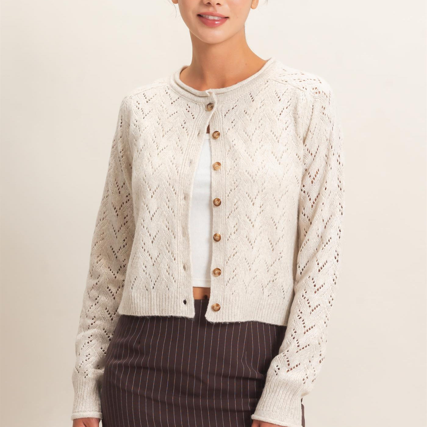Wholesale Pointelle Knit Button Front Cardigan Cardigans DZ26C978 IVORY DOUBLE ZERO