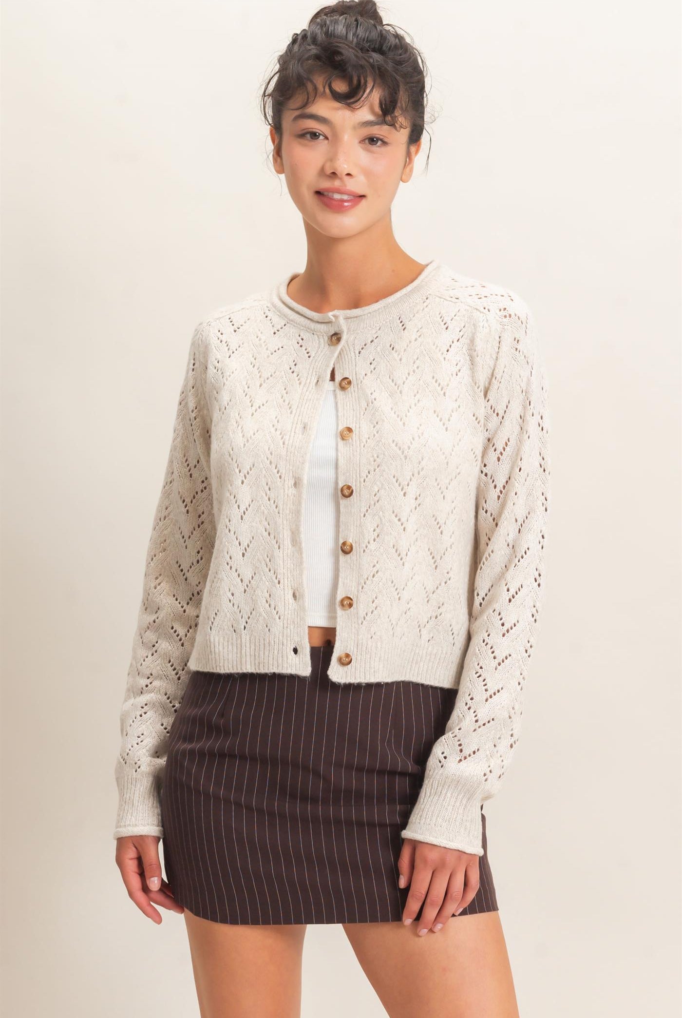 Wholesale Pointelle Knit Button Front Cardigan Cardigans DZ26C978 IVORY DOUBLE ZERO