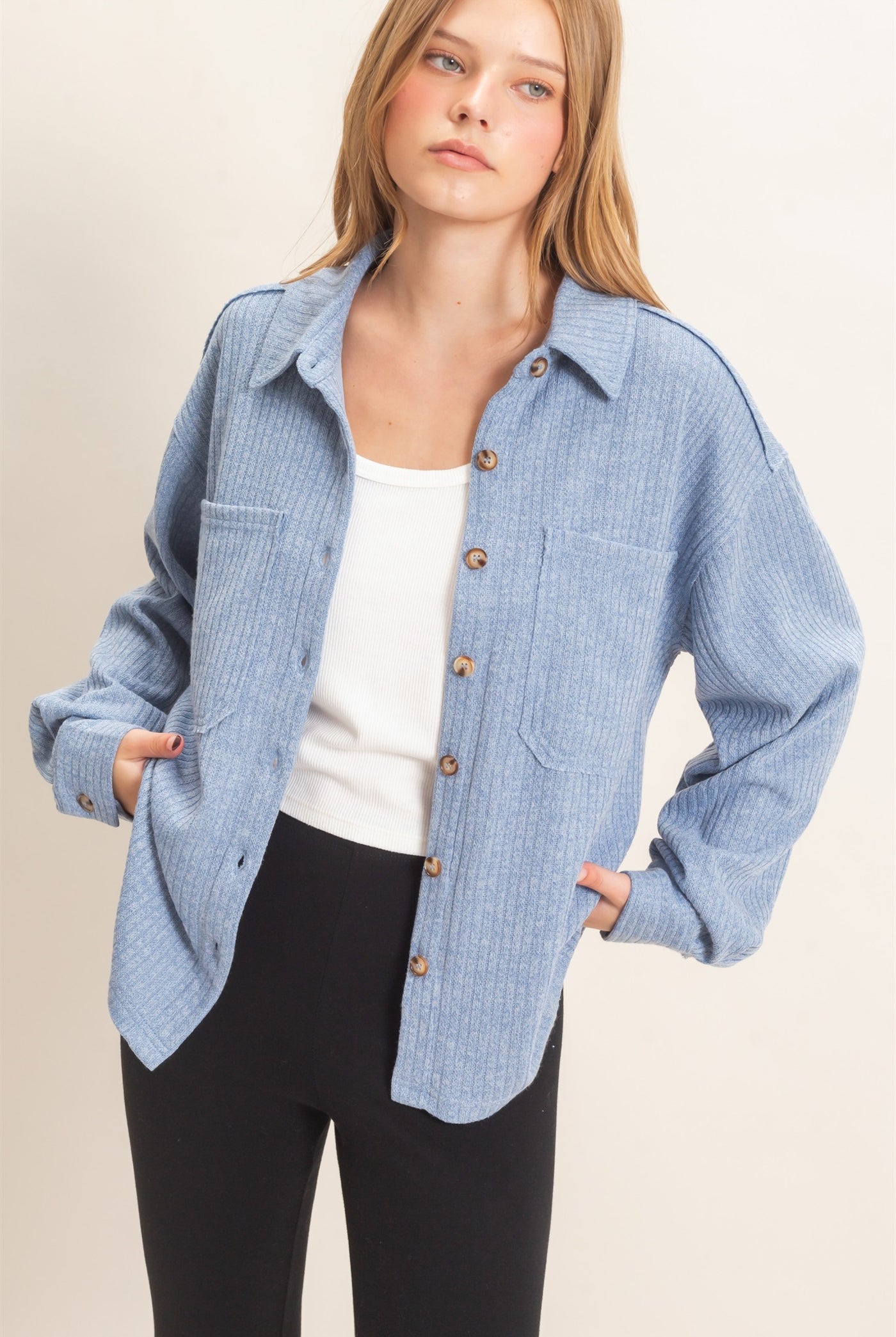 Wholesale Corduroy Button-Up Shirt Shirts HF26F138 BLUE HYFVE