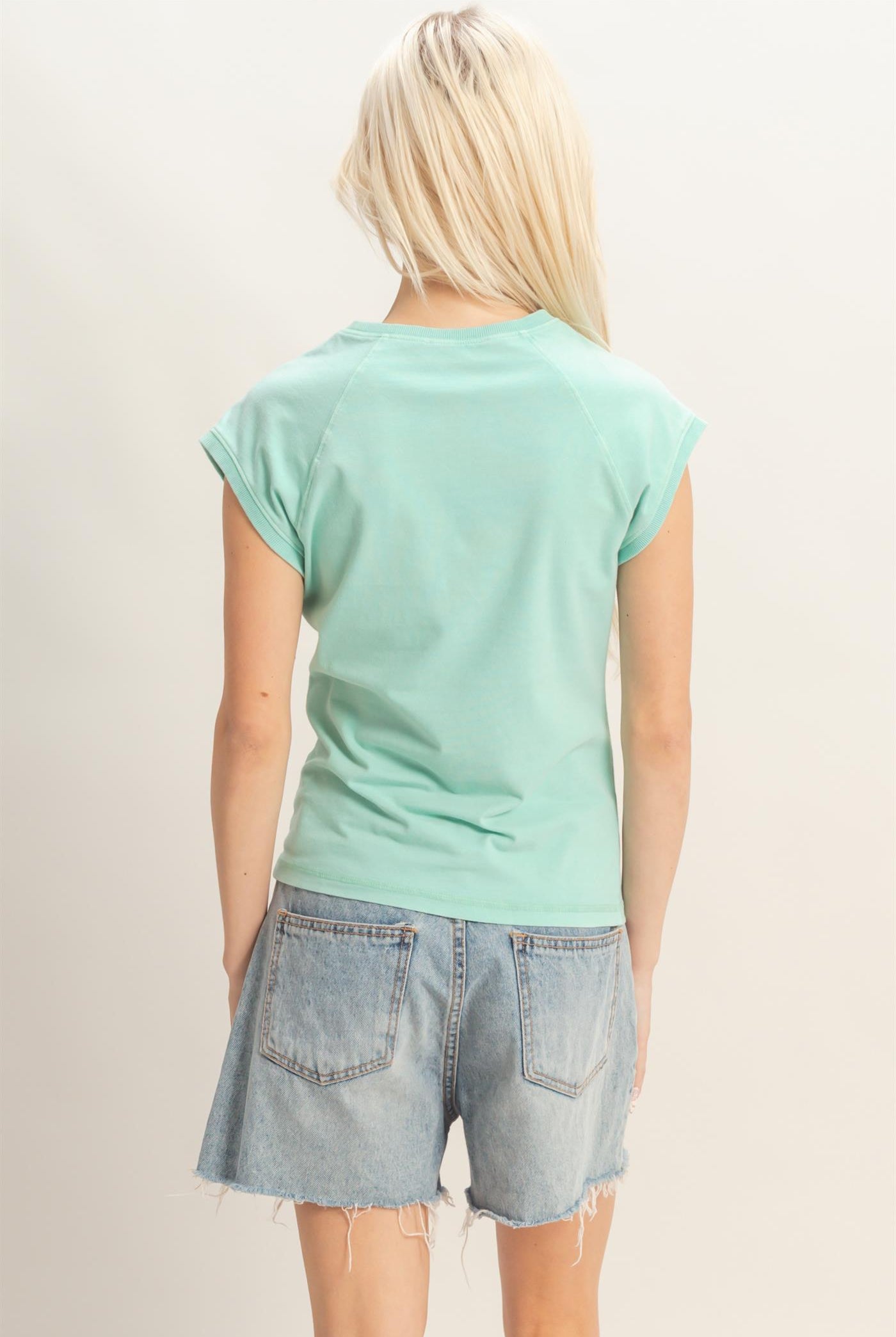 Wholesale Mineral Wash Raglan Short Sleeve Top T-Shirts DZ26A741 TURQUOISE DOUBLE ZERO