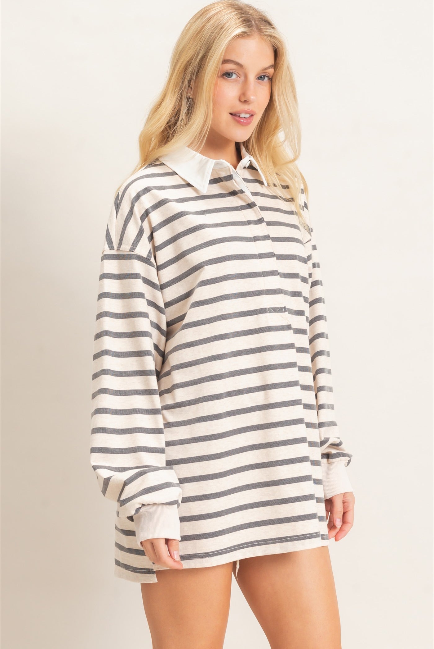 Wholesale Striped Polo Long Sleeve Top Clothing Tops HF26F078 GRAY/ECRU HYFVE