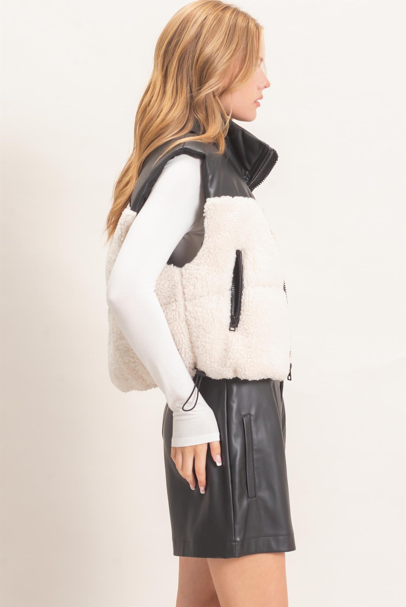 Wholesale Faux Fur & Pu Padded Vest Outerwear HF26F204 CREAM HYFVE