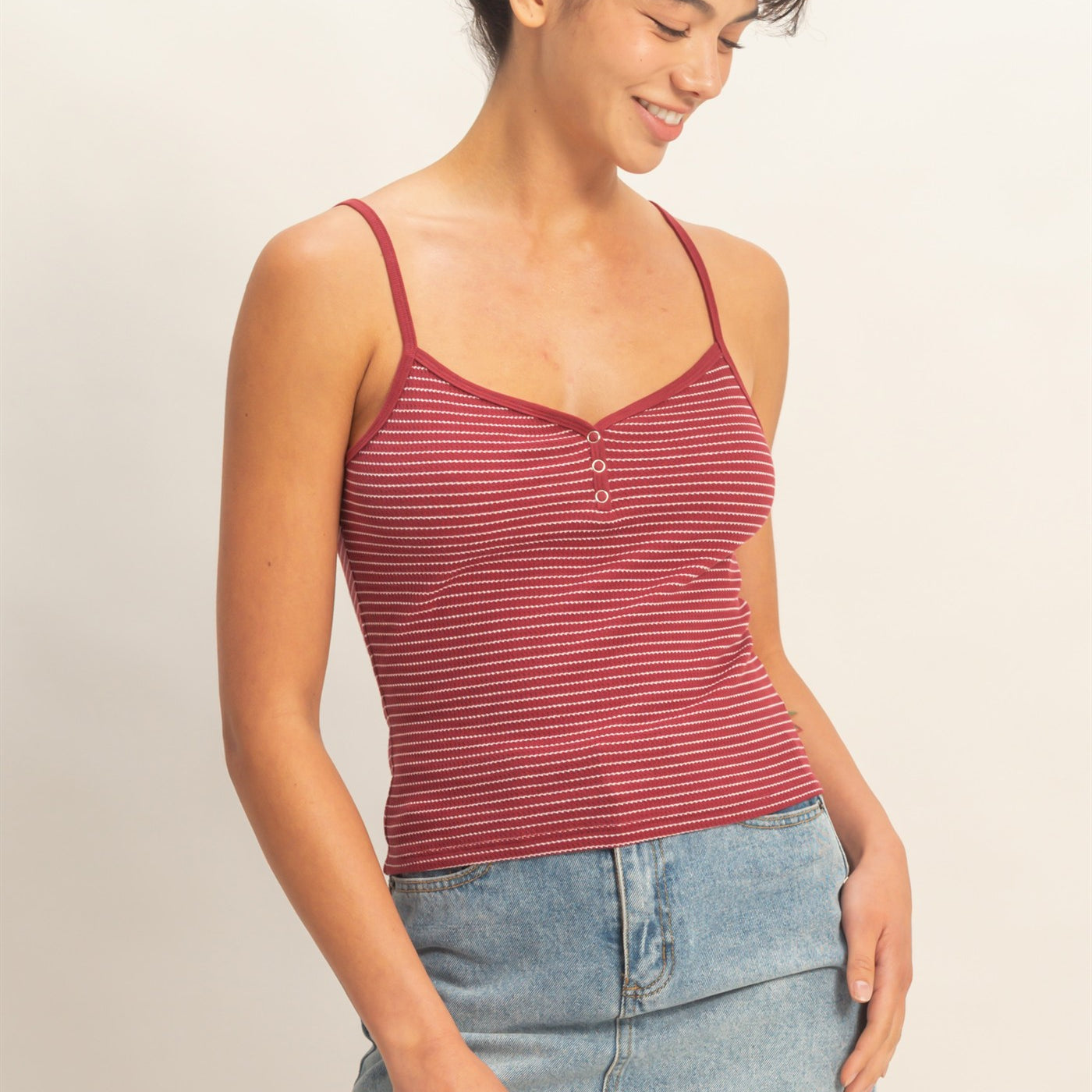 Wholesale Striped Snap-Button Henley Cami Top Camisoles DZ26A885 DARK RED DOUBLE ZERO