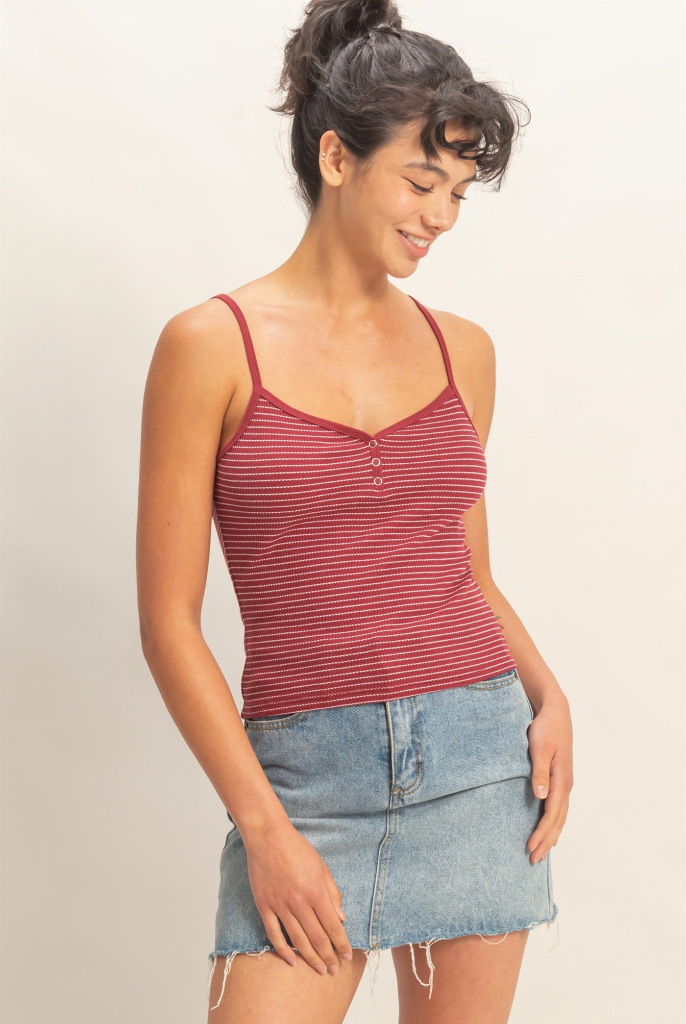Wholesale Striped Snap-Button Henley Cami Top Camisoles DZ26A885 DARK RED DOUBLE ZERO