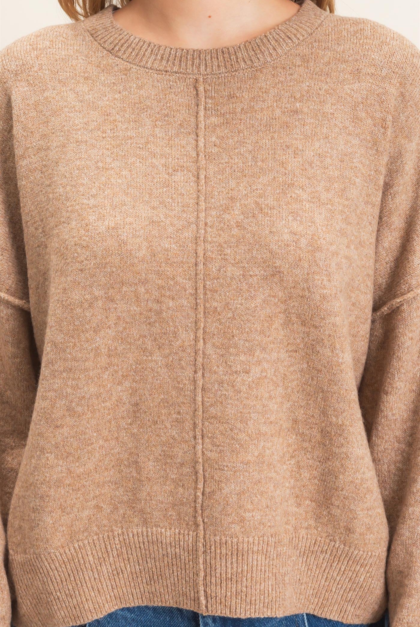 Wholesale Crew Neck Sweater With Ribbed Hem Sweaters HF26E203-D DARK TAUPE HYFVE