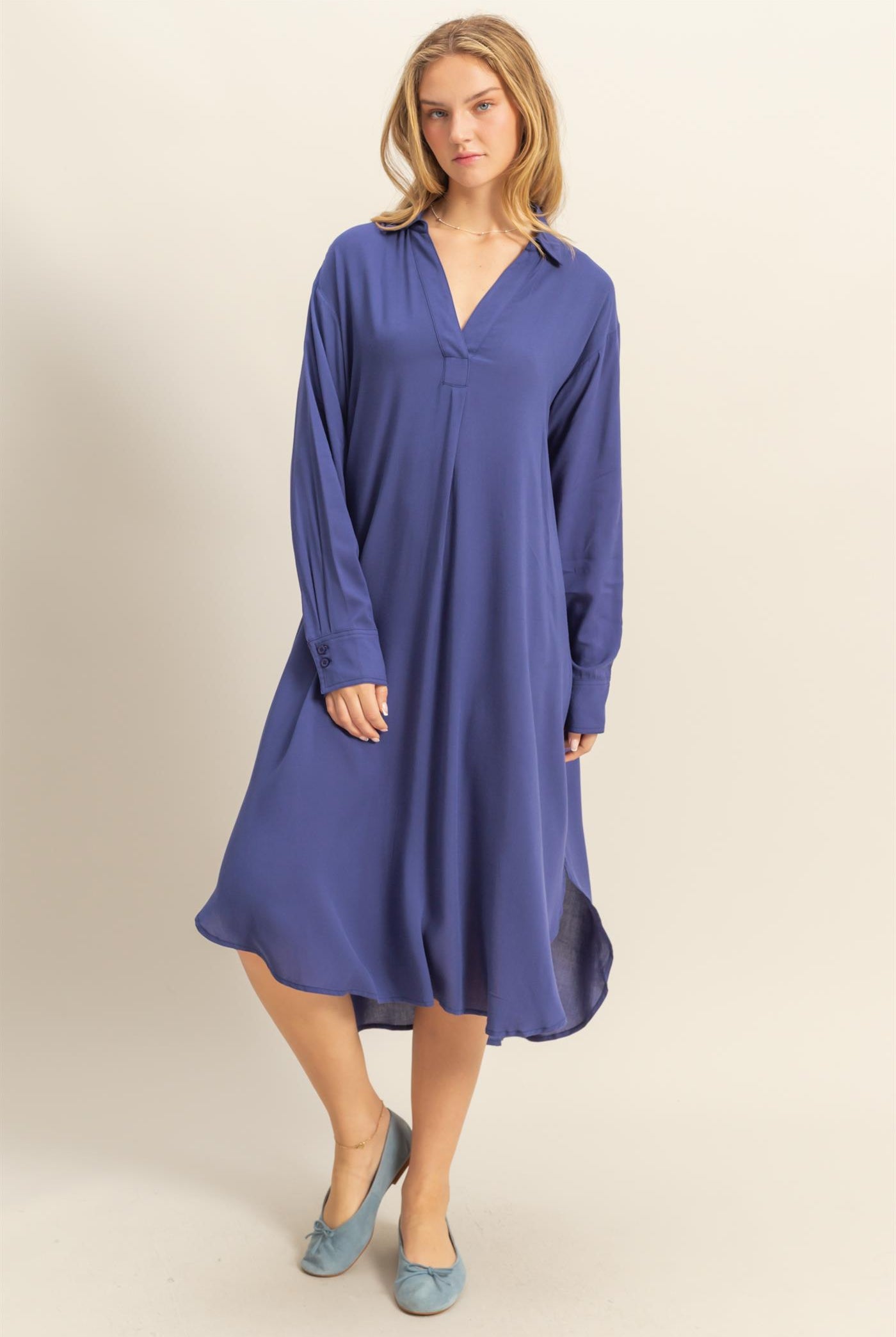 Wholesale V-Neck Long Sleeved Midi Shirts Dress Dresses DZ24E706 DUSTY INDIGO DOUBLE ZERO