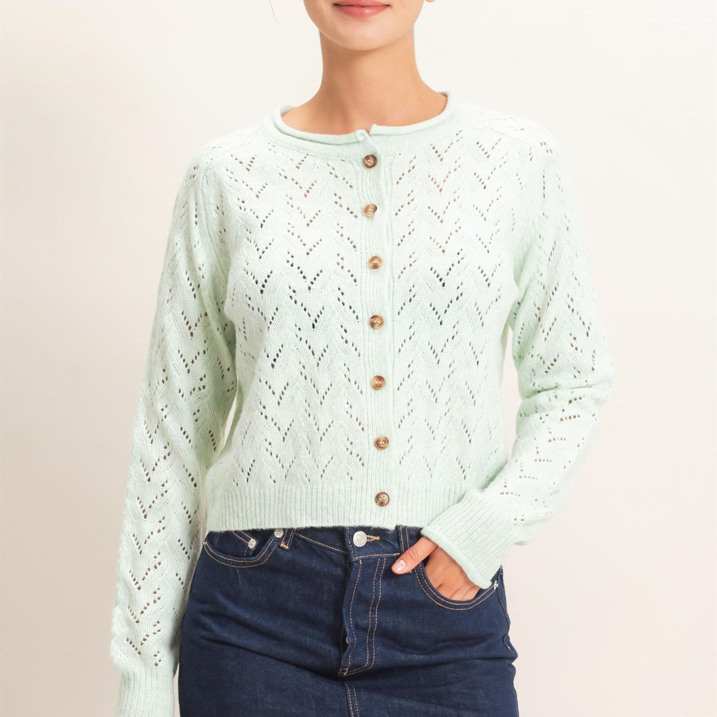 Wholesale Pointelle Knit Button Front Cardigan Cardigans DZ26C978 PALE GREEN DOUBLE ZERO