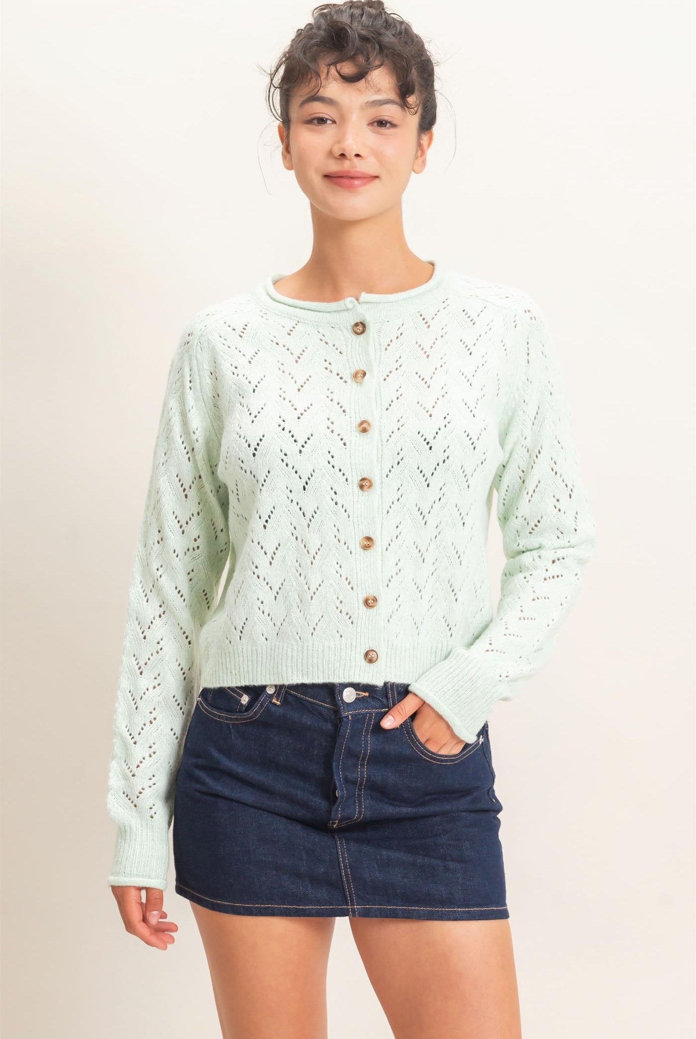 Wholesale Pointelle Knit Button Front Cardigan Cardigans DZ26C978 PALE GREEN DOUBLE ZERO