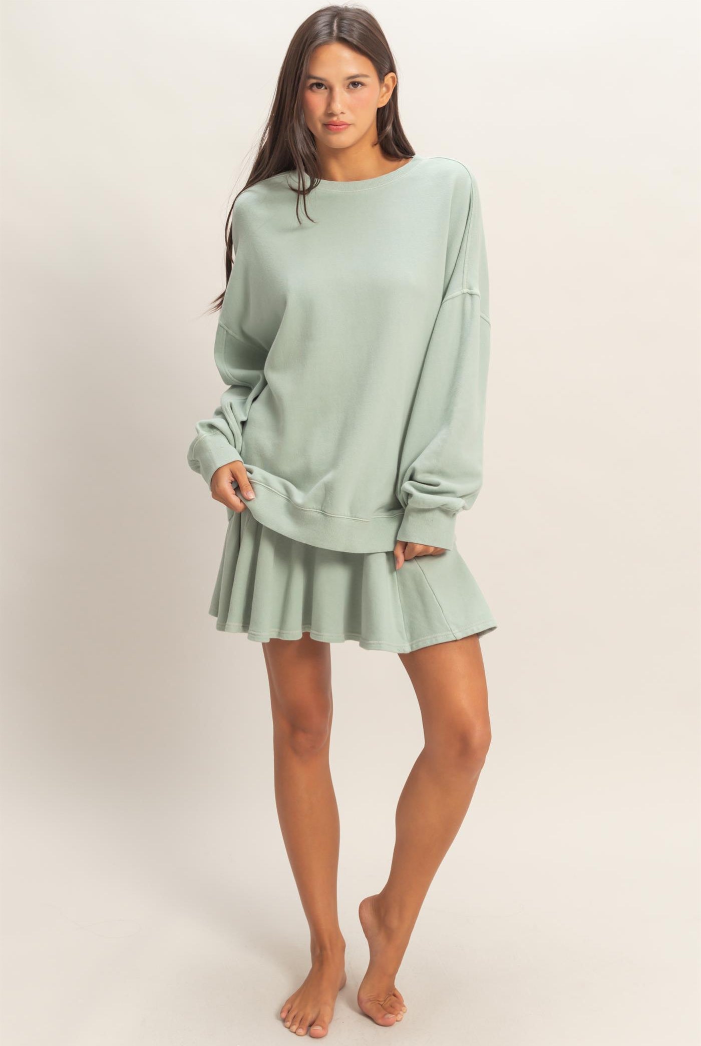 Wholesale Acid Washed Mid Wiast Flowy Skort Skorts DZ26A928 SAGE GREEN DOUBLE ZERO