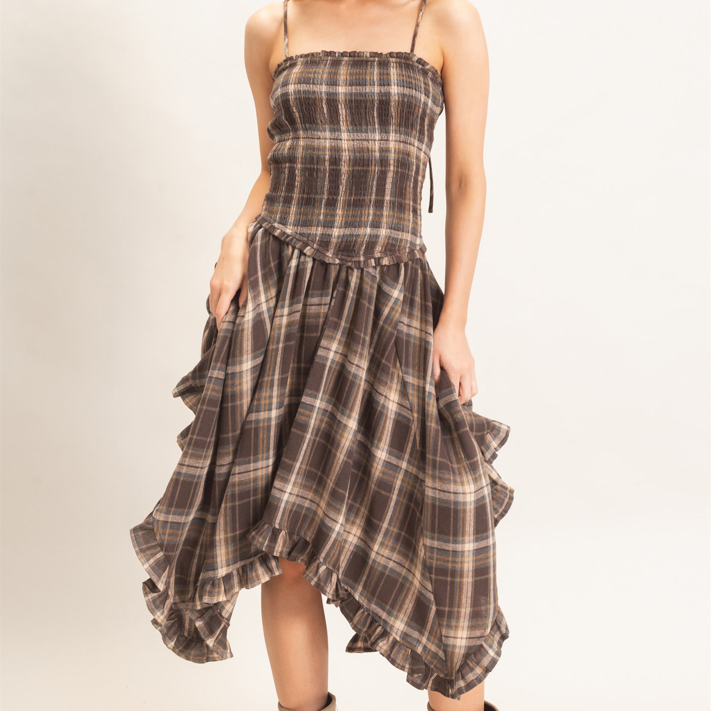 Wholesale Plaid Smocked Spaghetti Strap Dress Dresses HF26F211 BROWN HYFVE