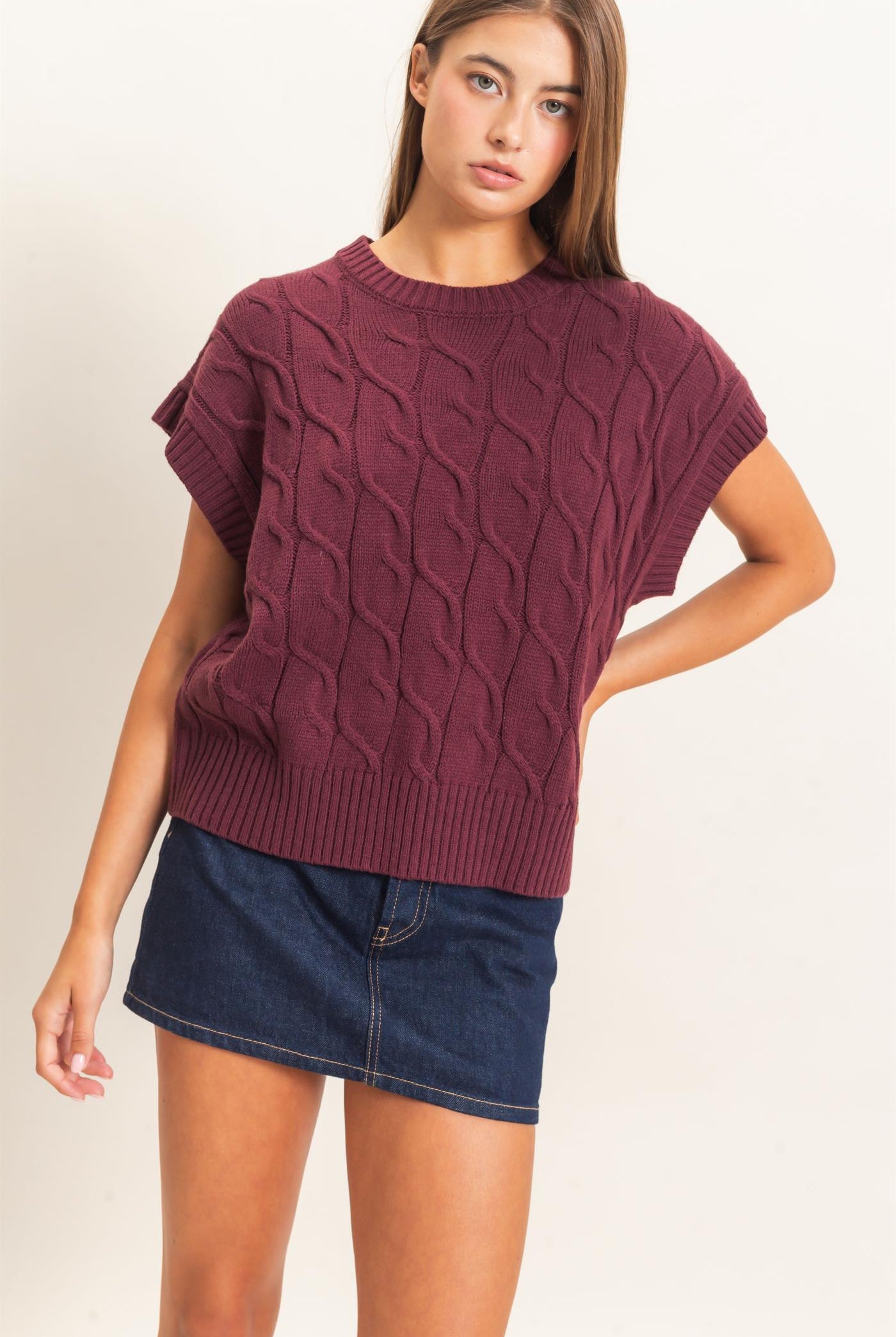Wholesale Cable Knit Cap Sleeve Sweater Sweaters DZ26C974 DARK CHERRY DOUBLE ZERO
