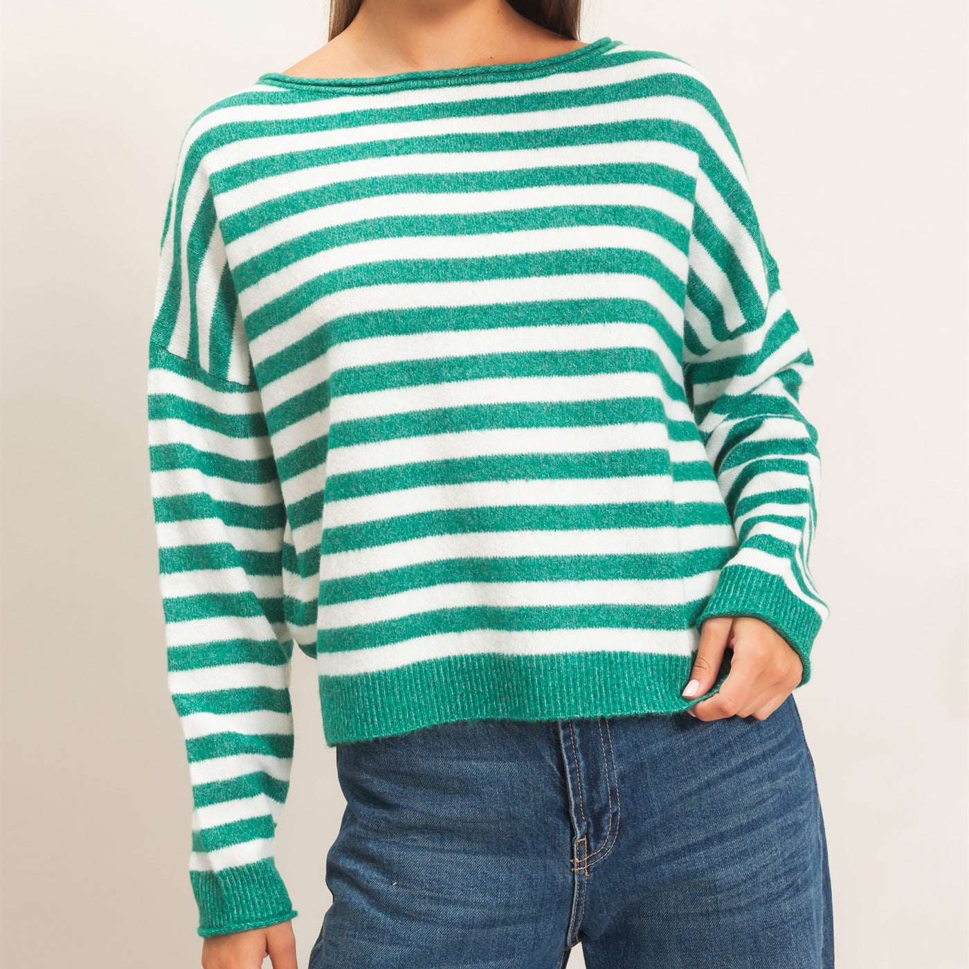 Wholesale Off The Shoulder Striped Sweater Sweaters DZ26E653 EMERALD DOUBLE ZERO