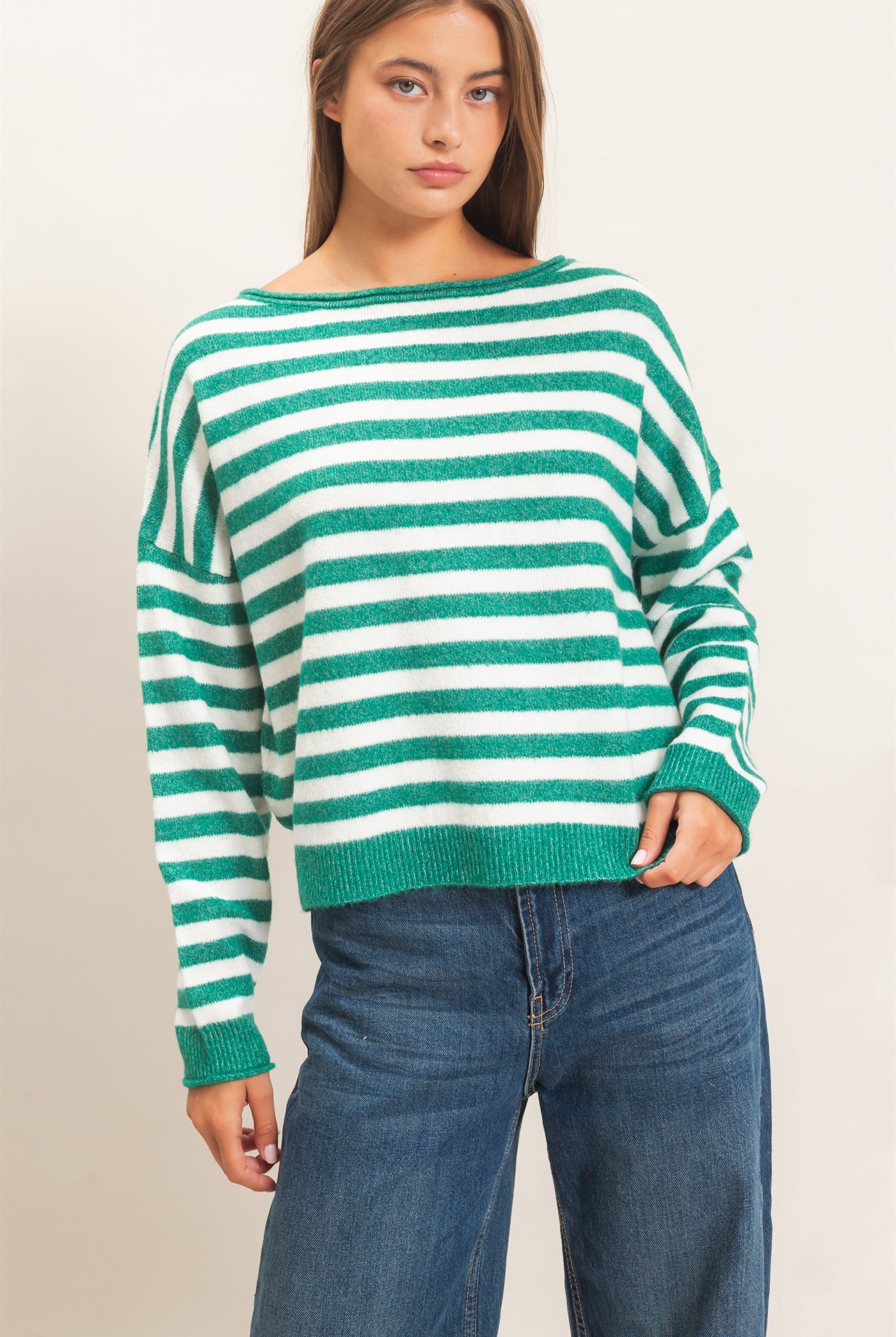Wholesale Off The Shoulder Striped Sweater Sweaters DZ26E653 EMERALD DOUBLE ZERO