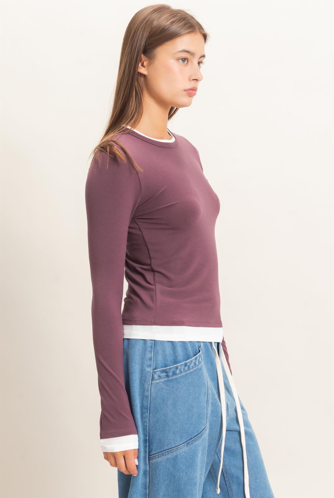 Wholesale Layered Effect Long Sleeve Top Clothing Tops DZ26F341 COCOA DOUBLE ZERO