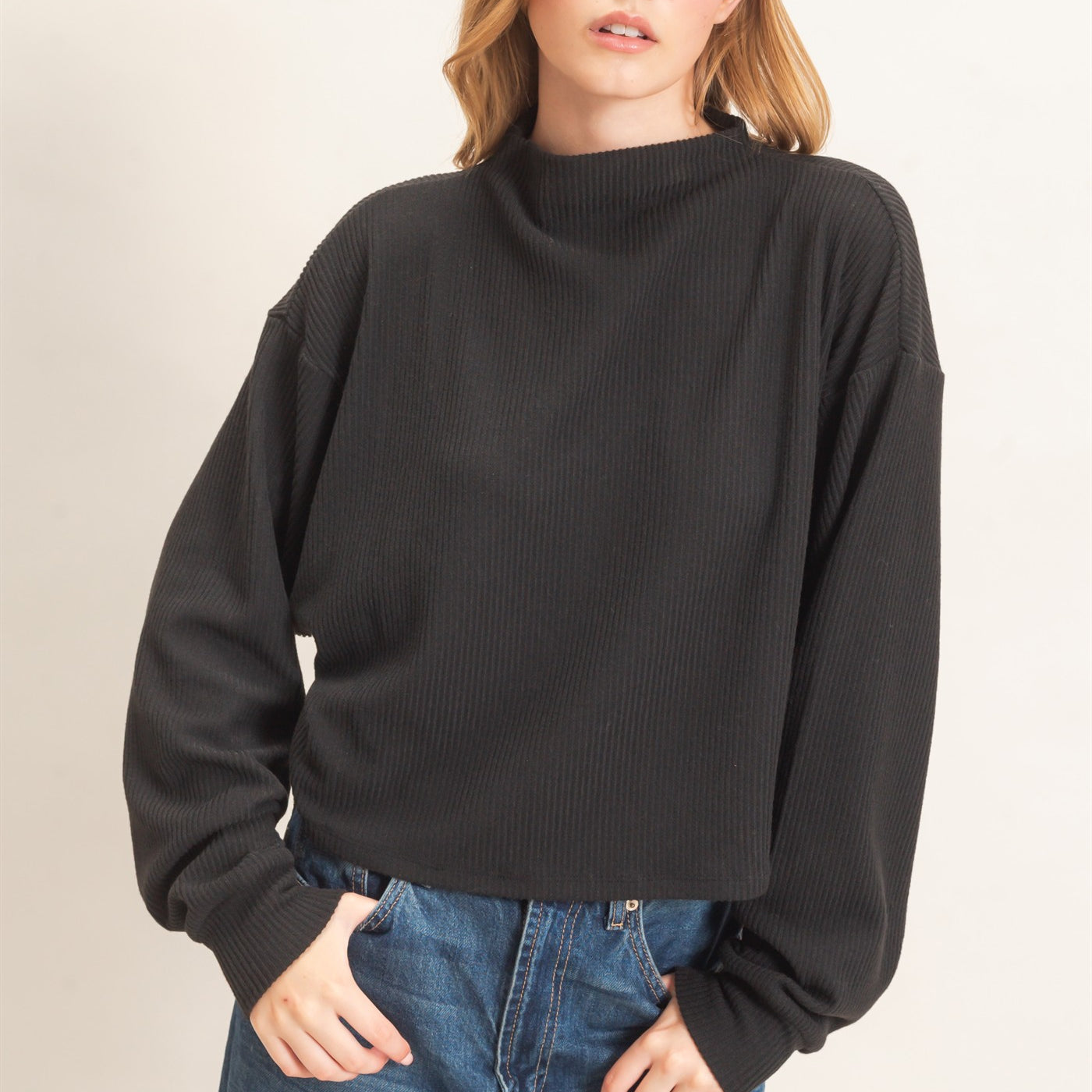 Wholesale Ribbed Mock Neck Top Clothing Tops HF26F030 BLACK HYFVE