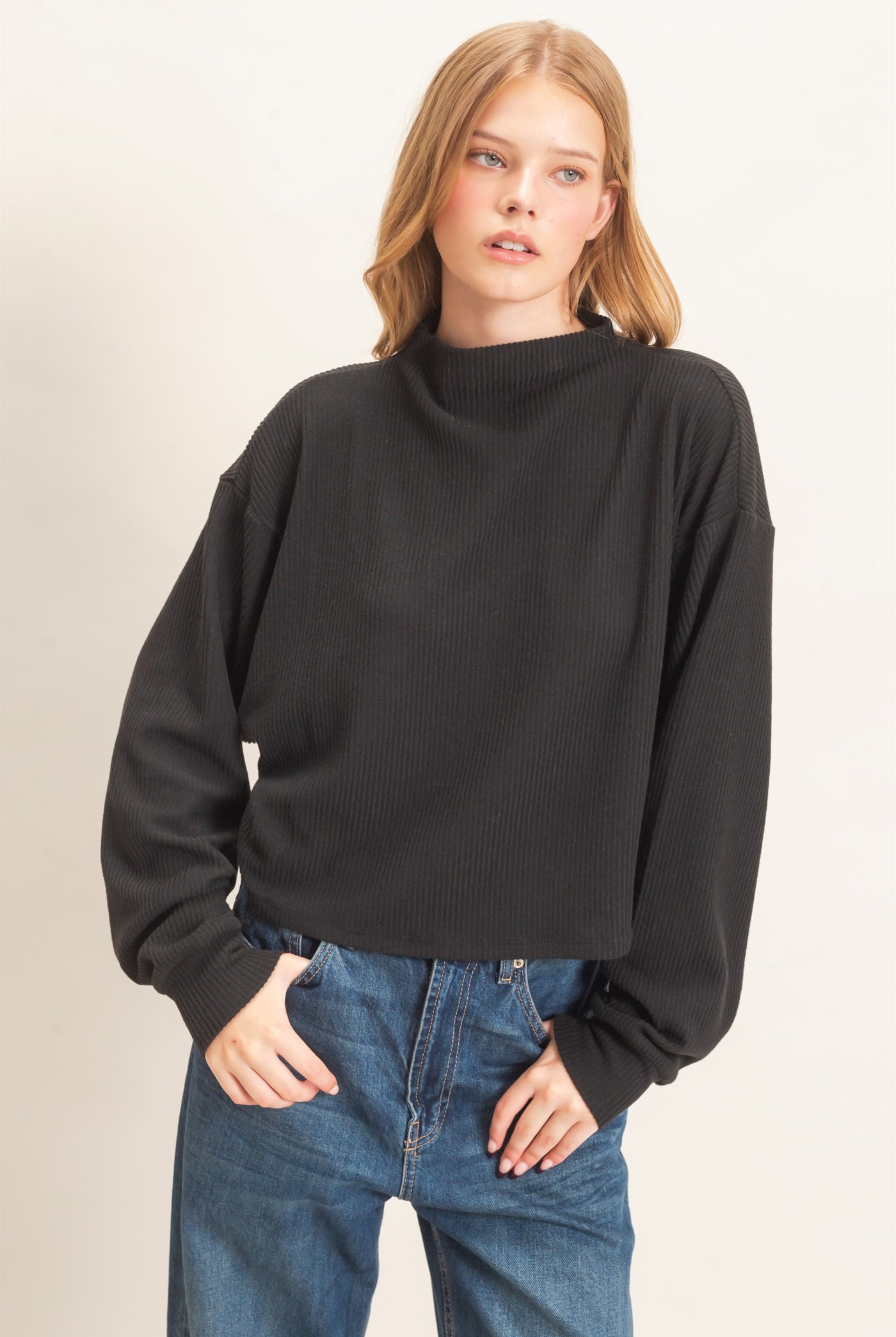 Wholesale Ribbed Mock Neck Top Clothing Tops HF26F030 BLACK HYFVE
