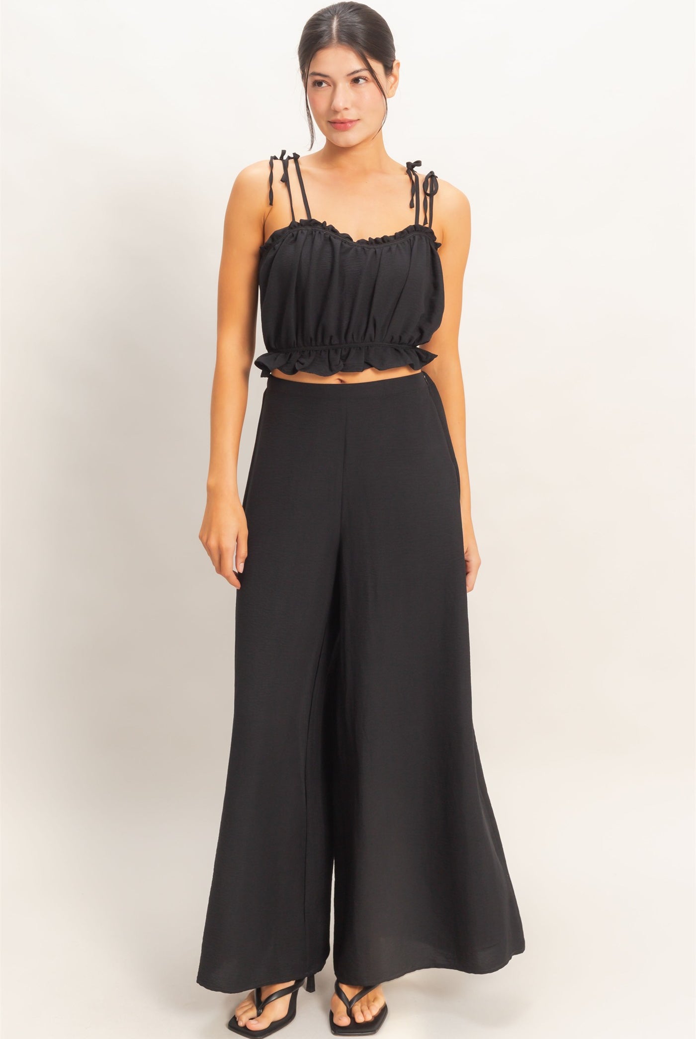 Wholesale Ruffle Smocked Bust Top & Wide Pants Clothing HF26A502-SET-D BLACK HYFVE