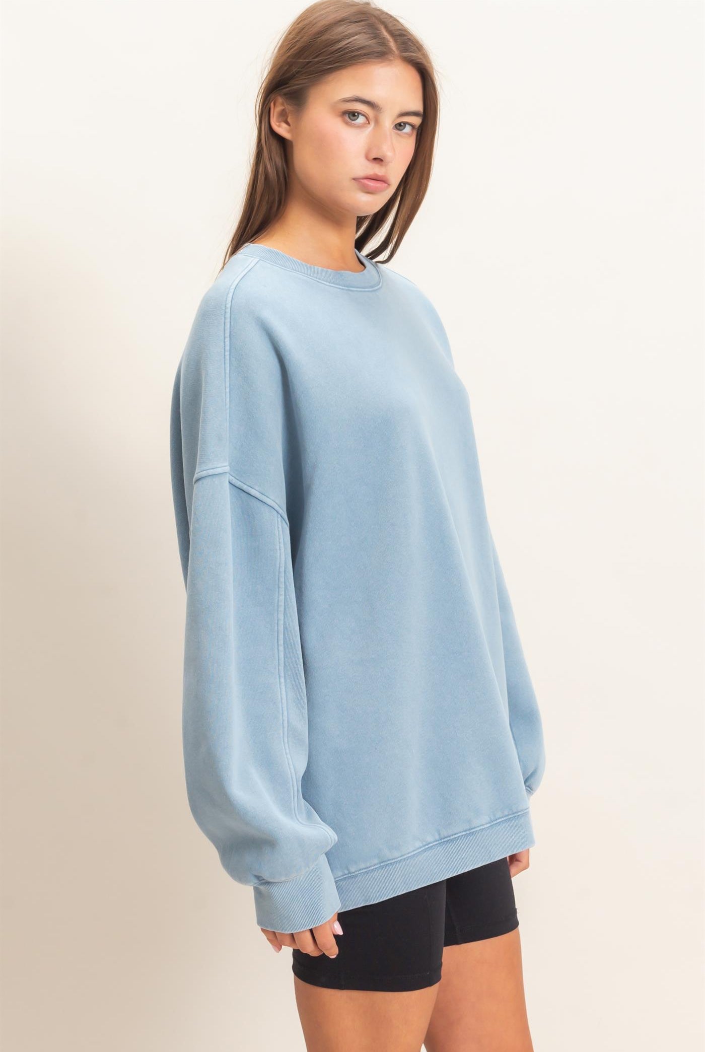 Wholesale Acid Wash Crew Neck Long Sleeve Sweatshirt Sweatshirts DZ26E268 DUSTY BLUE DOUBLE ZERO