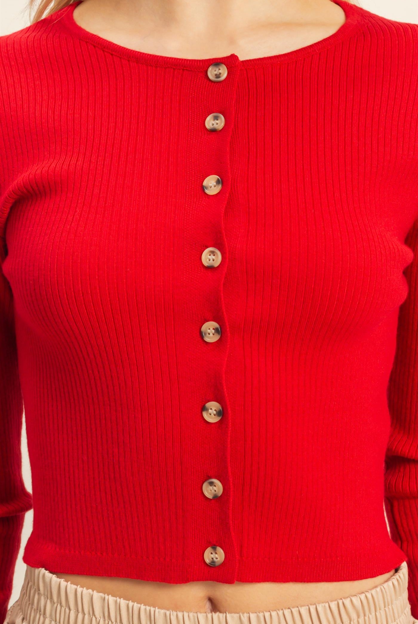 Wholesale Button-Up Ribbed Knit Top Sweaters HF25E930 RED HYFVE
