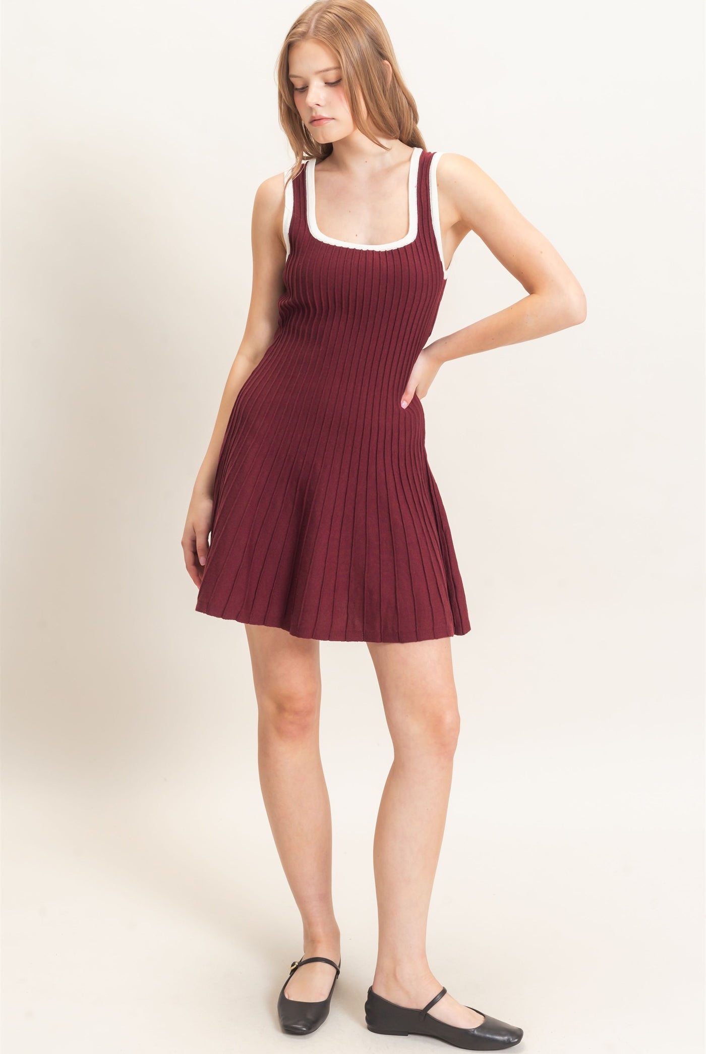 Wholesale Ribbed Square Neck Mini Dress Dresses HF26F213 WINE HYFVE