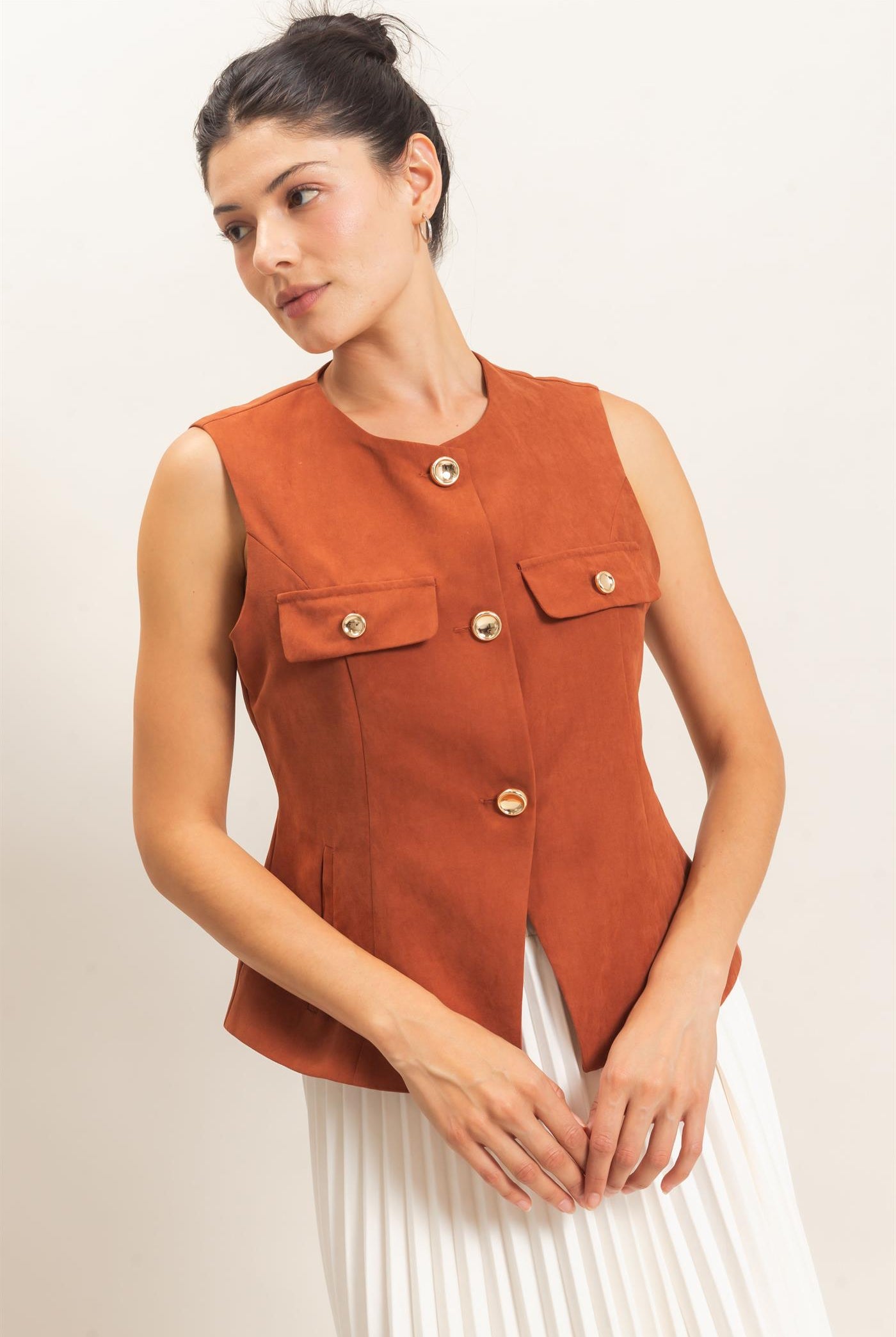 Wholesale Buttoned Sleeveless Utility Vest Vests HF26E929 RUST HYFVE