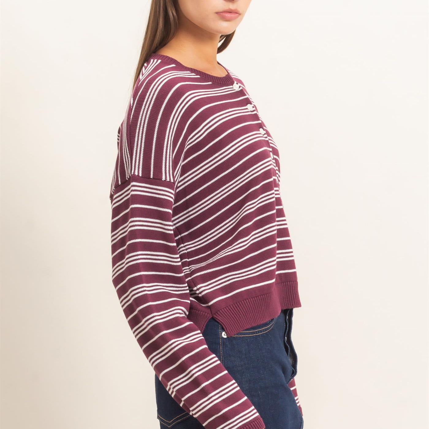 Wholesale Striped Henley Sweater Sweaters DZ26E113 DARK CHERRY DOUBLE ZERO