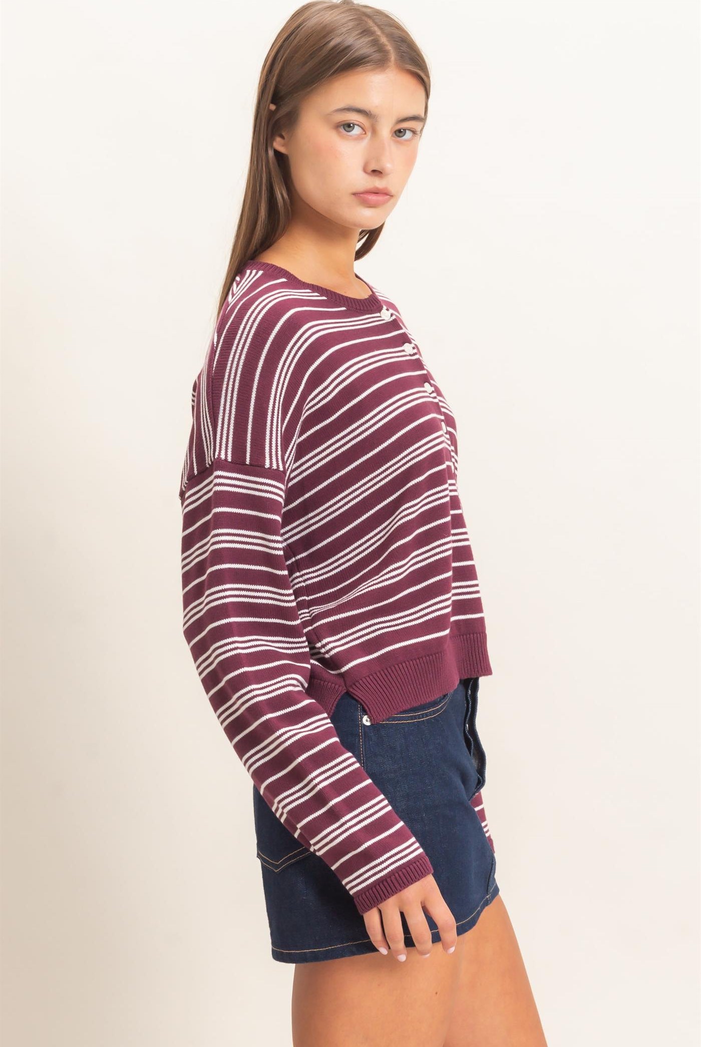 Wholesale Striped Henley Sweater Sweaters DZ26E113 DARK CHERRY DOUBLE ZERO