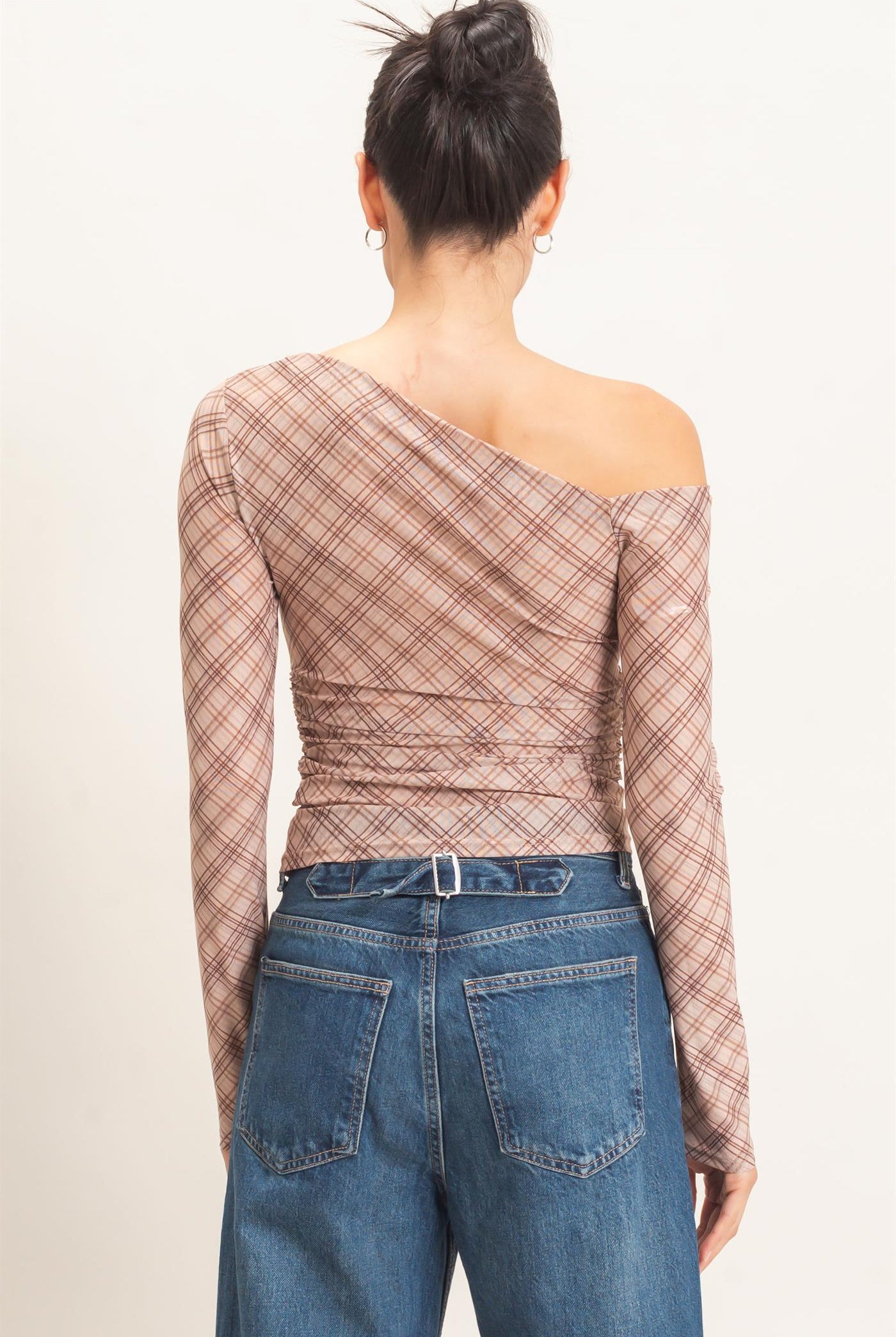 Wholesale Asymmetrical Plaid Off Shoulder Top Dresses HF26E710 BEIGE HYFVE