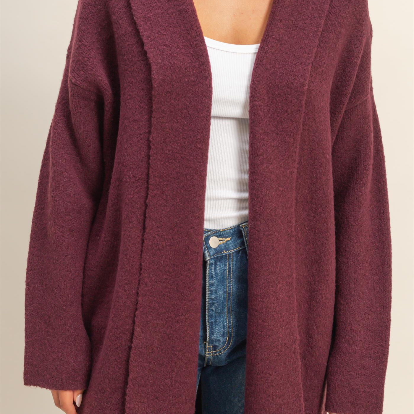 Wholesale Longline Open Front Duster Sweater Cardigans DZ25F435 DARK CHERRY DOUBLE ZERO