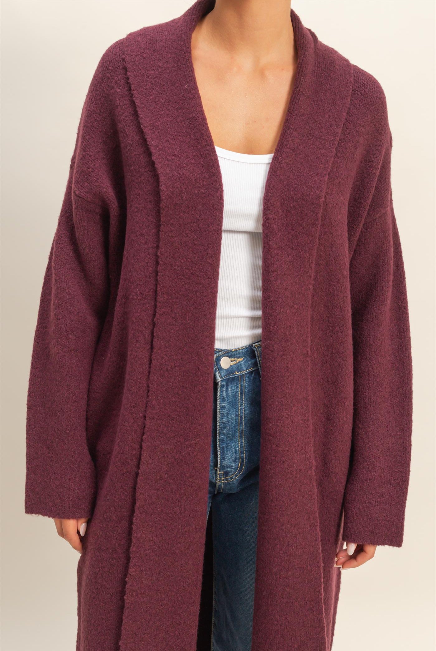 Wholesale Longline Open Front Duster Sweater Cardigans DZ25F435 DARK CHERRY DOUBLE ZERO