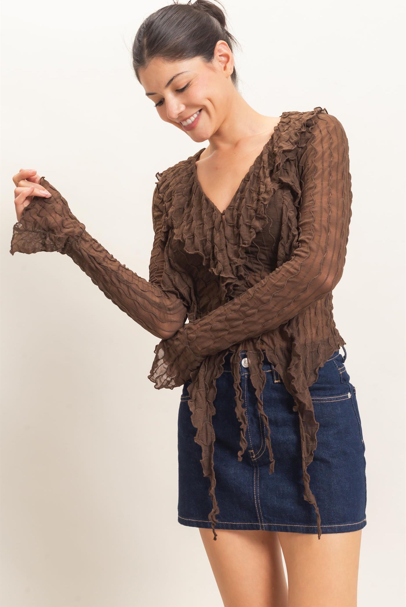Wholesale Textured V-Neck Tie Front Top Blouses HF26F072 BROWN HYFVE