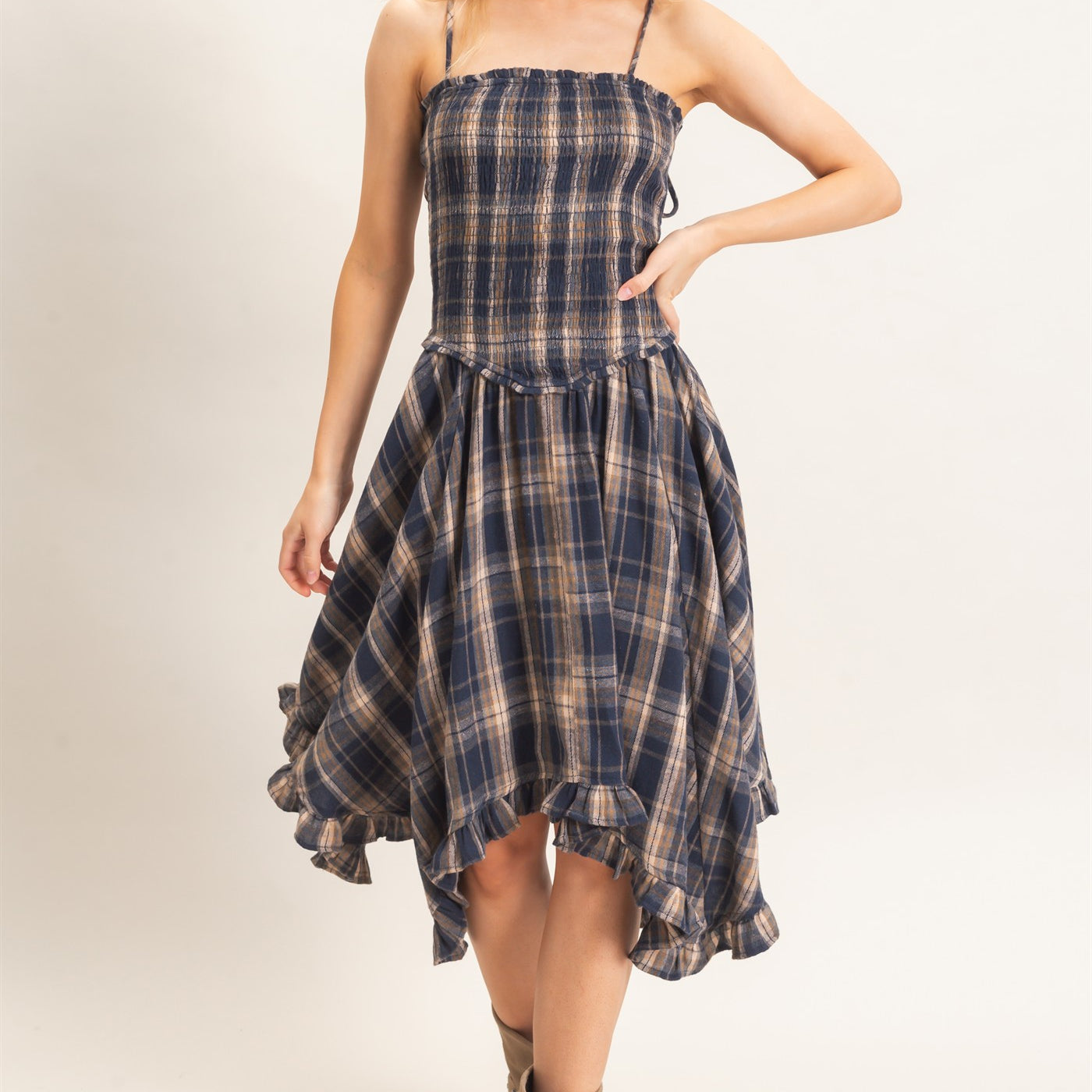 Wholesale Plaid Smocked Spaghetti Strap Dress Dresses HF26F211 NAVY HYFVE