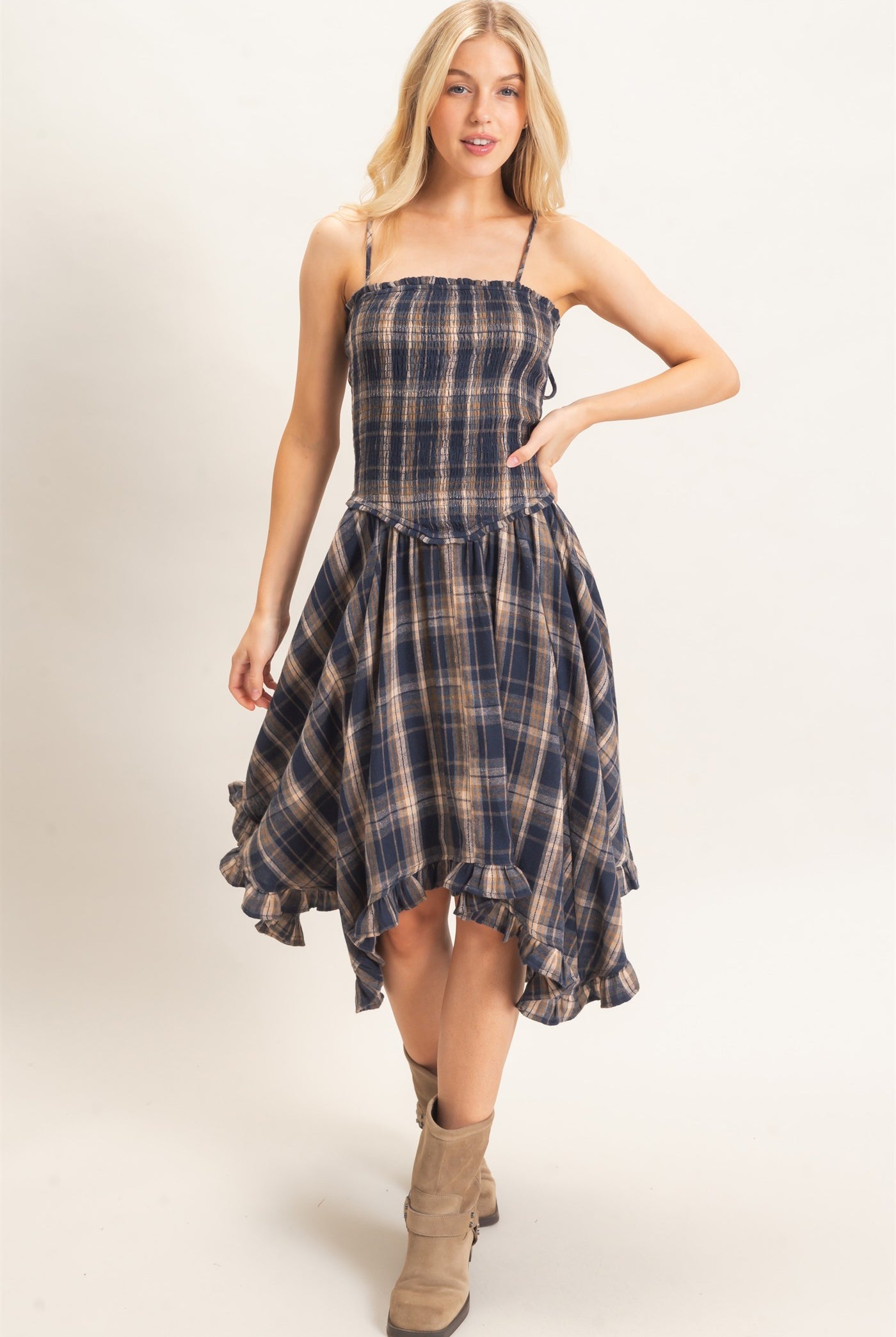Wholesale Plaid Smocked Spaghetti Strap Dress Dresses HF26F211 NAVY HYFVE