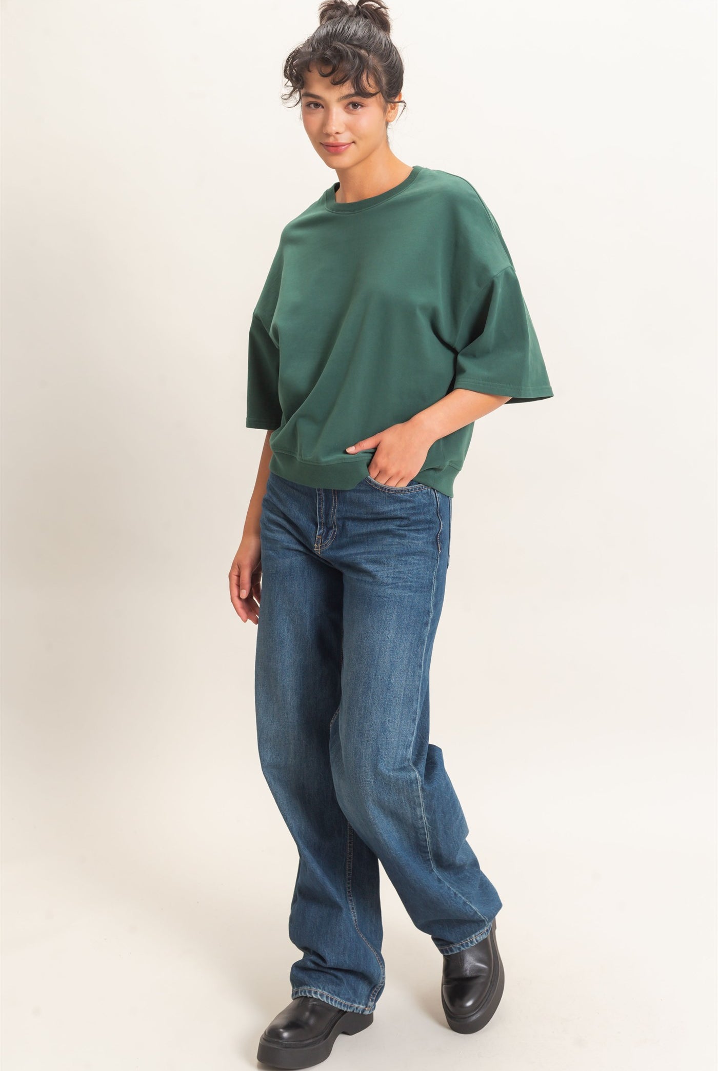 Wholesale Washed Crew Neck Short Sleeve Top Clothing Tops DZ26E381 DARK GREEN DOUBLE ZERO
