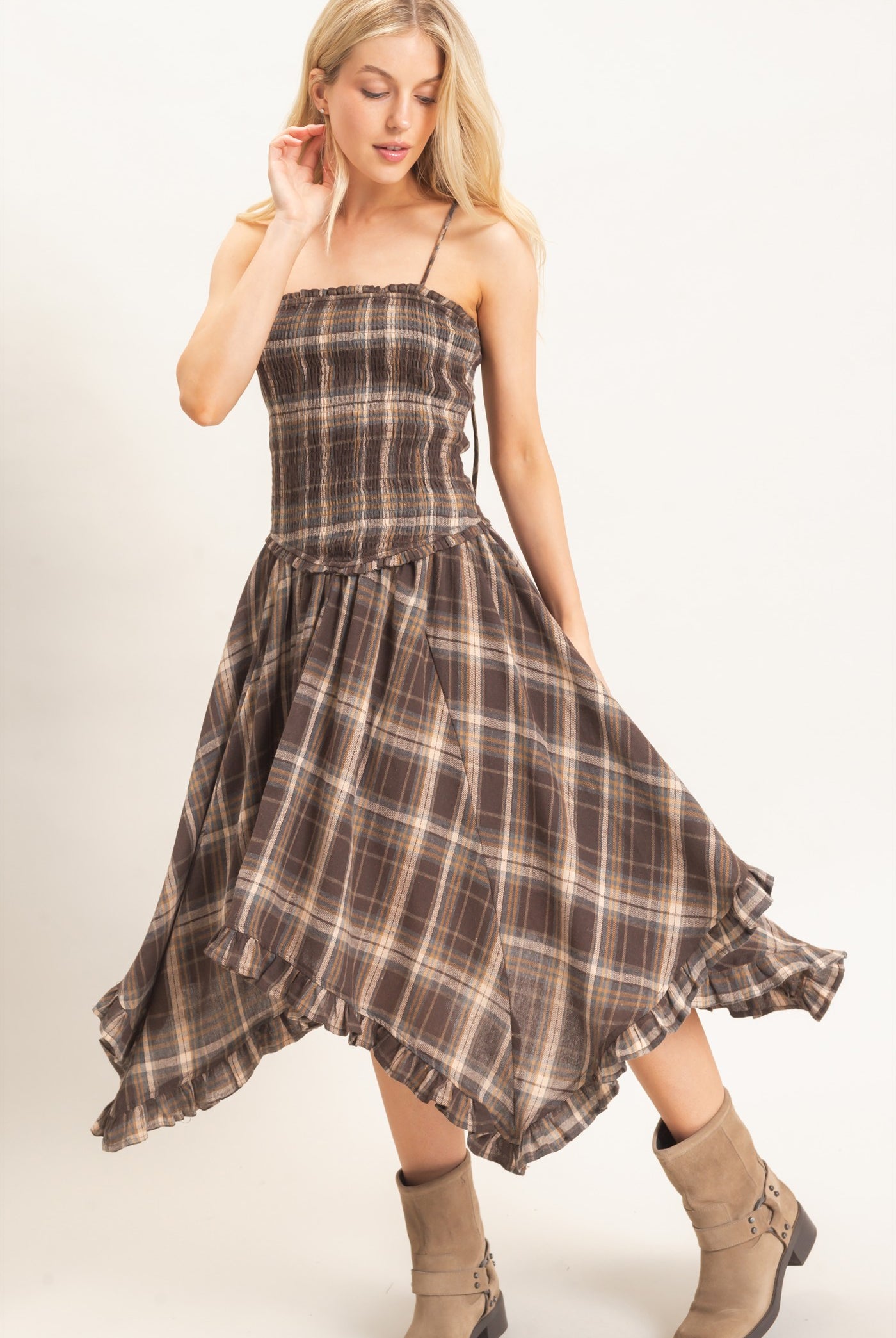 Wholesale Plaid Smocked Spaghetti Strap Dress Dresses HF26F211 BROWN HYFVE