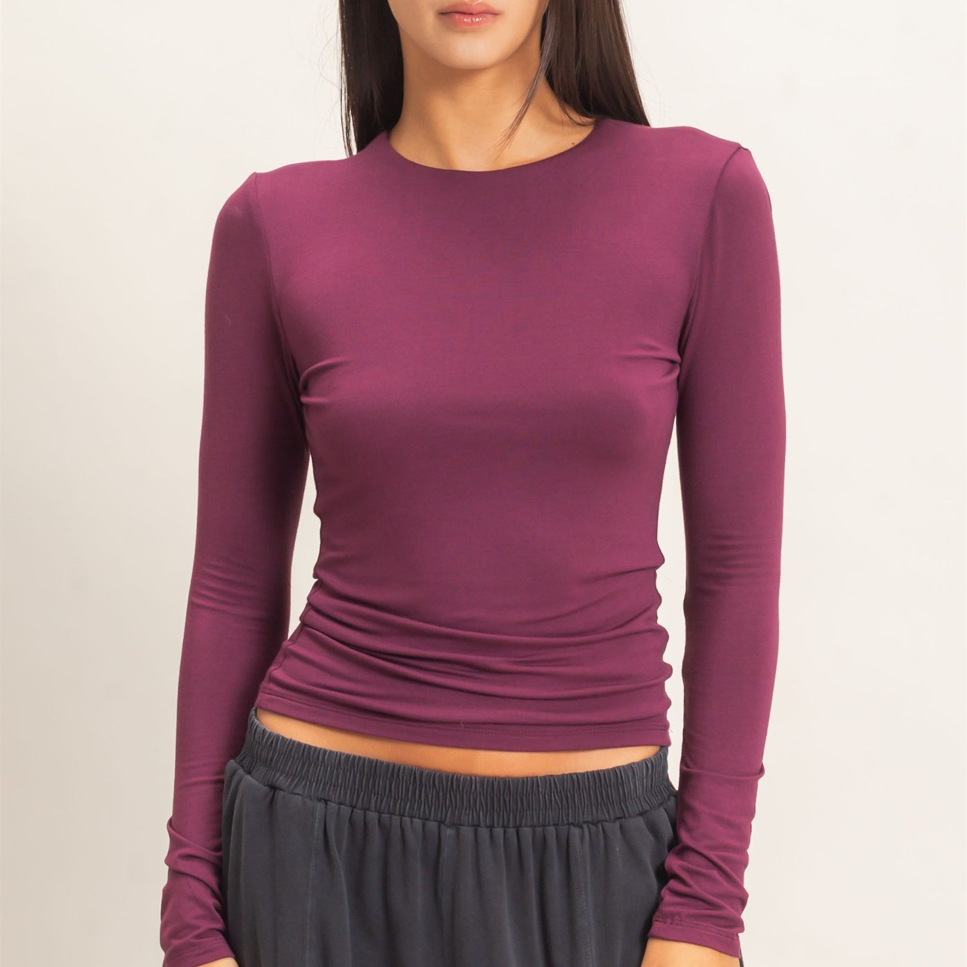 Wholesale Crew Neck Long Sleeve Top Clothing Tops DZ26E978 DARK CHERRY DOUBLE ZERO