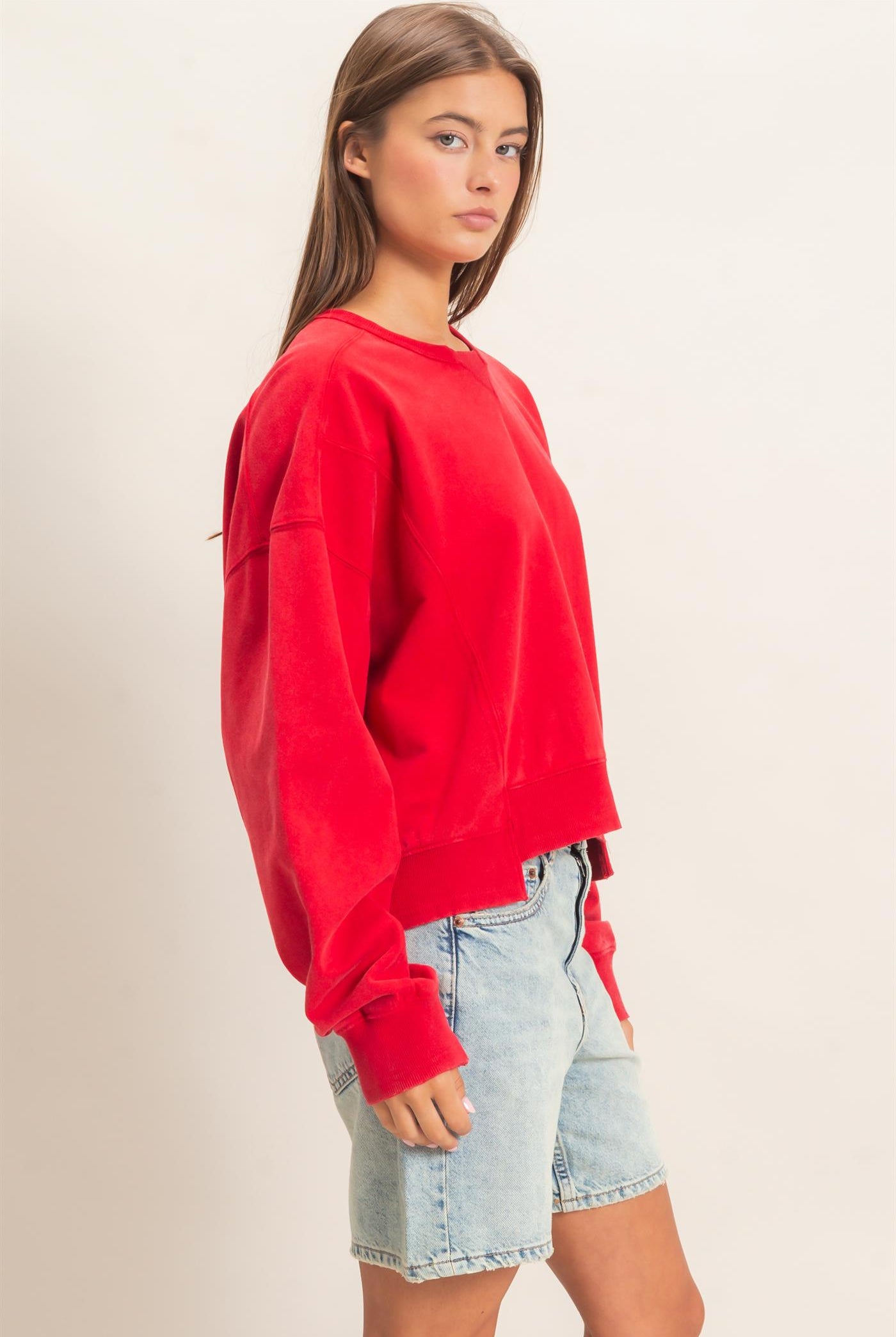 Wholesale Acid Wash Seam Detail Crew Neck Sweatshirt Sweatshirts DZ26E260 RED DOUBLE ZERO