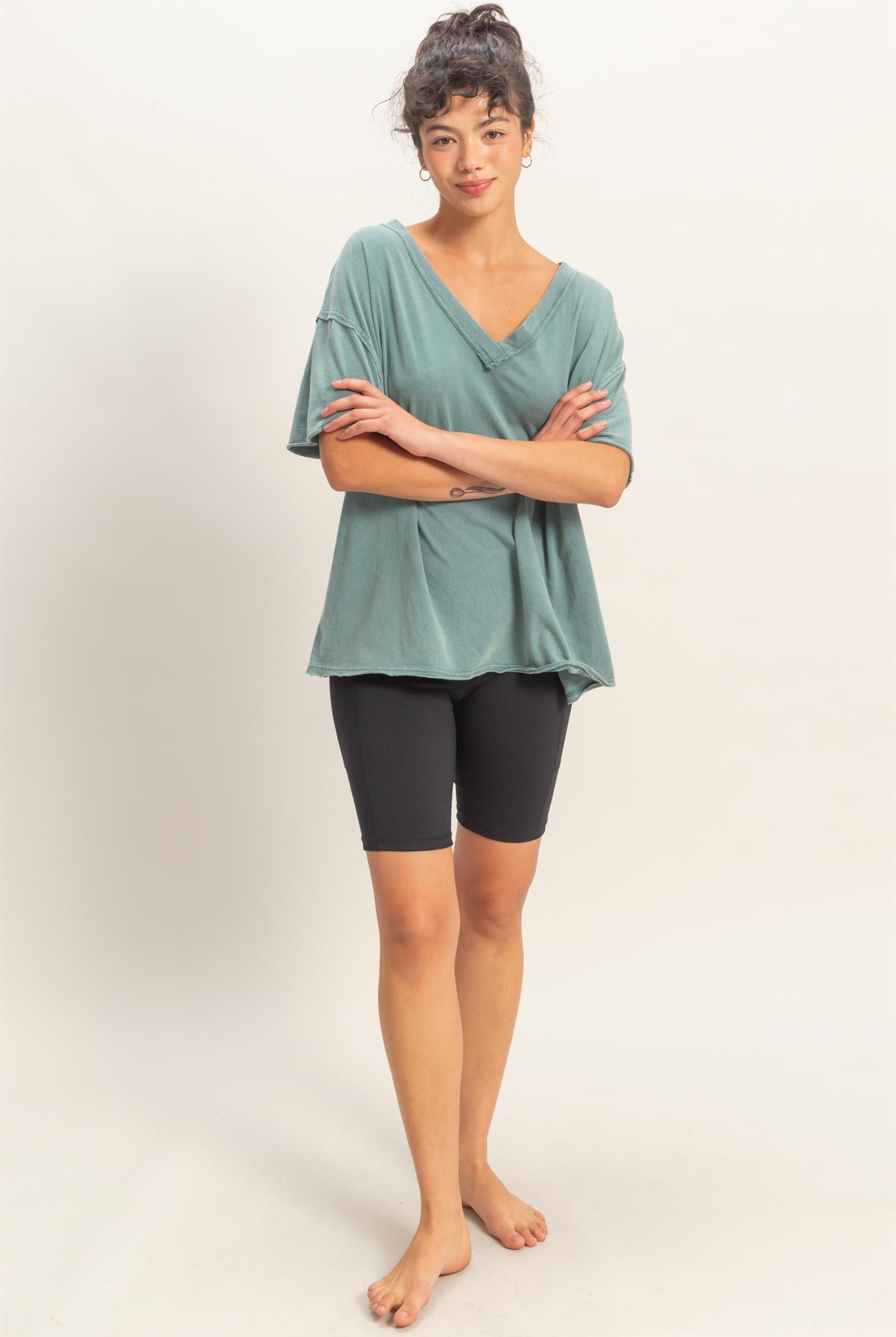 Wholesale Washed V-Neck Oversized Tee Clothing Tops DZ26A760 DARK TEAL DOUBLE ZERO