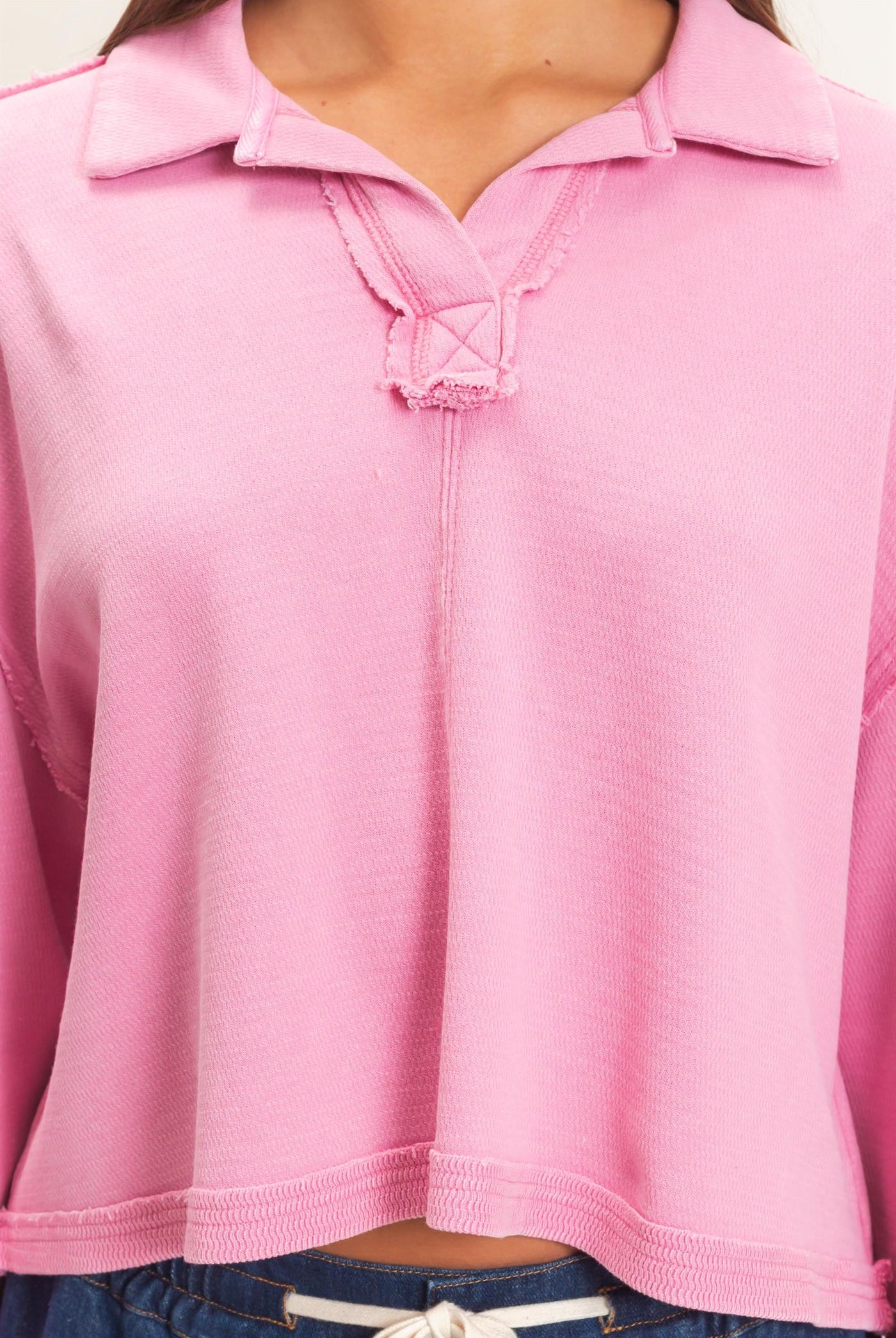 Wholesale Mineral Wash Textured Collar Top Polos DZ26E814 PINK DOUBLE ZERO