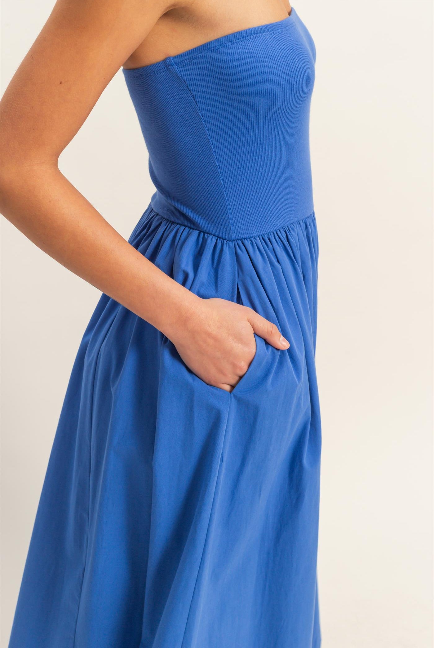 Wholesale Strapless Flowy Midi Dress Dresses DZ26A744 COBALT DOUBLE ZERO