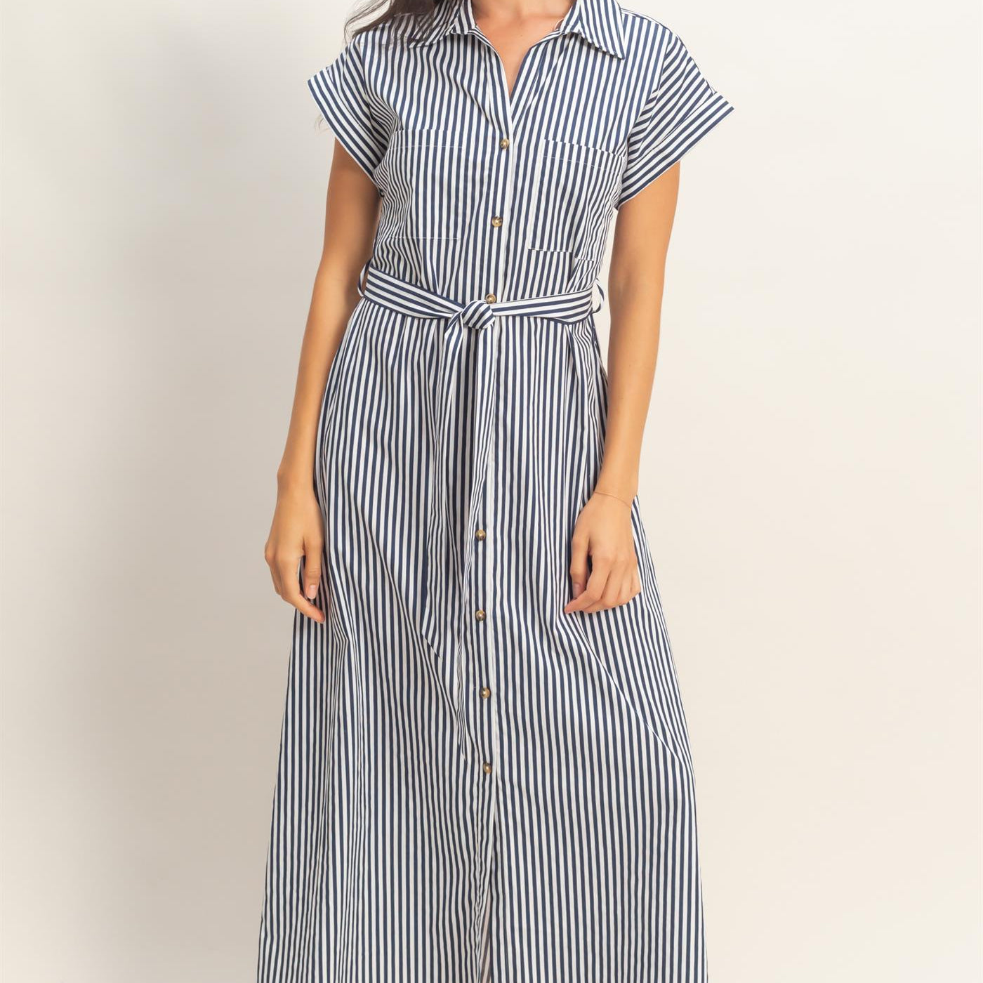 Wholesale Striped Poplin Belted Shirt Dress With Pockets Dresses DZ26C129 NAVY DOUBLE ZERO
