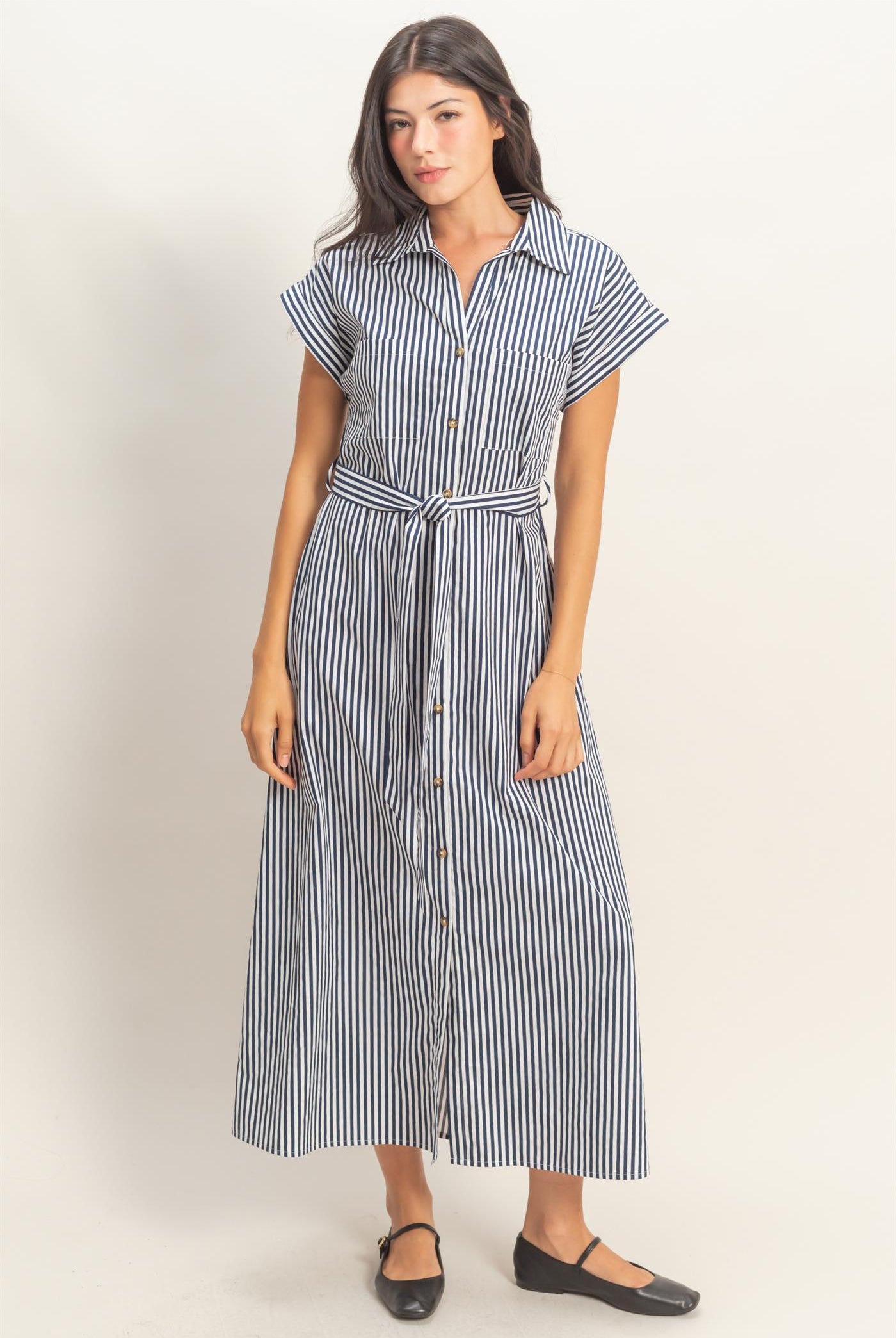 Wholesale Striped Poplin Belted Shirt Dress With Pockets Dresses DZ26C129 NAVY DOUBLE ZERO