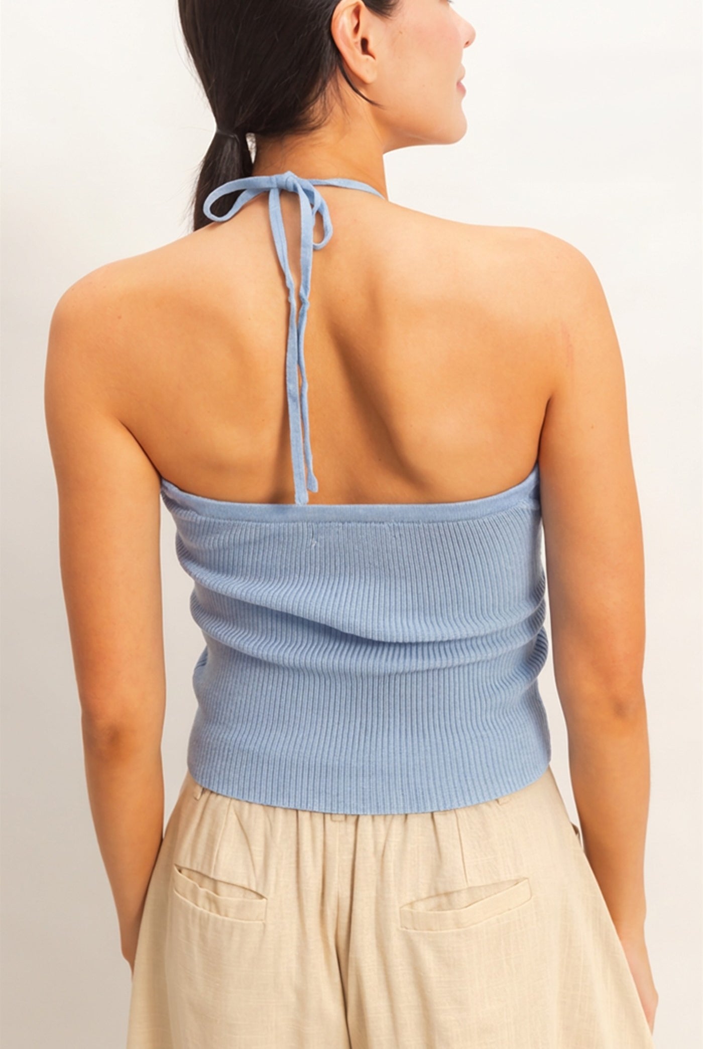 Wholesale Ribbed Halter Top With Twist Clothing Tops HF26A299 L.BLUE HYFVE