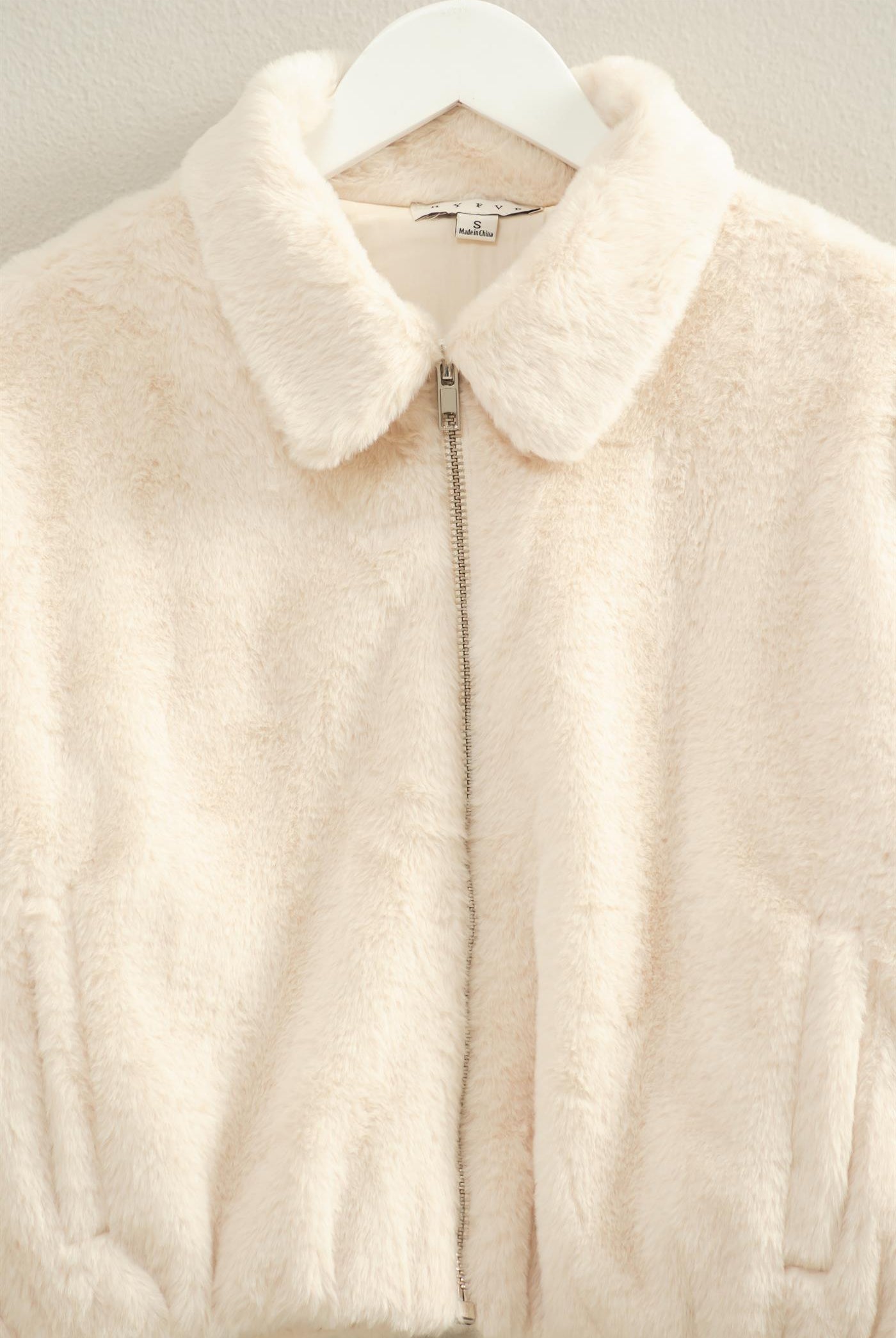 Wholesale Faux Fur Zip Up Jacket With Plush Collar Coats & Jackets HF25E940 CREAM HYFVE